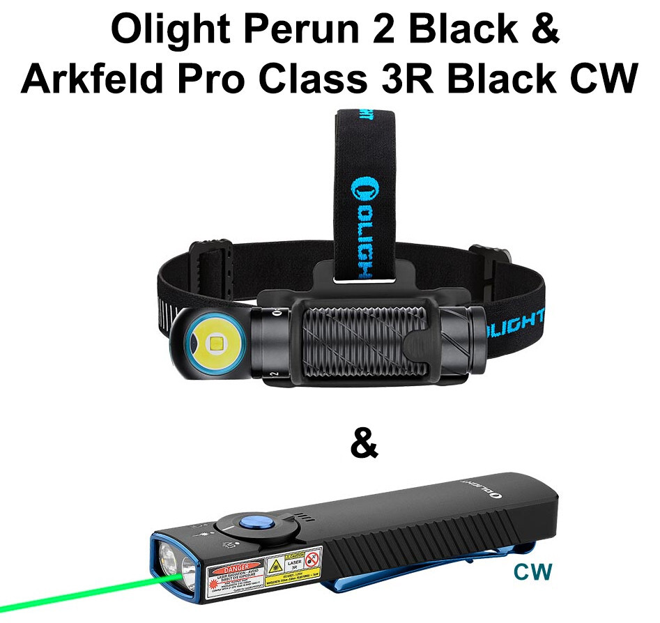 Olight Arkfeld Pro Black CW 1300 Lu Flat EDC Flashlight & Perun 2 Headlamp 2500L