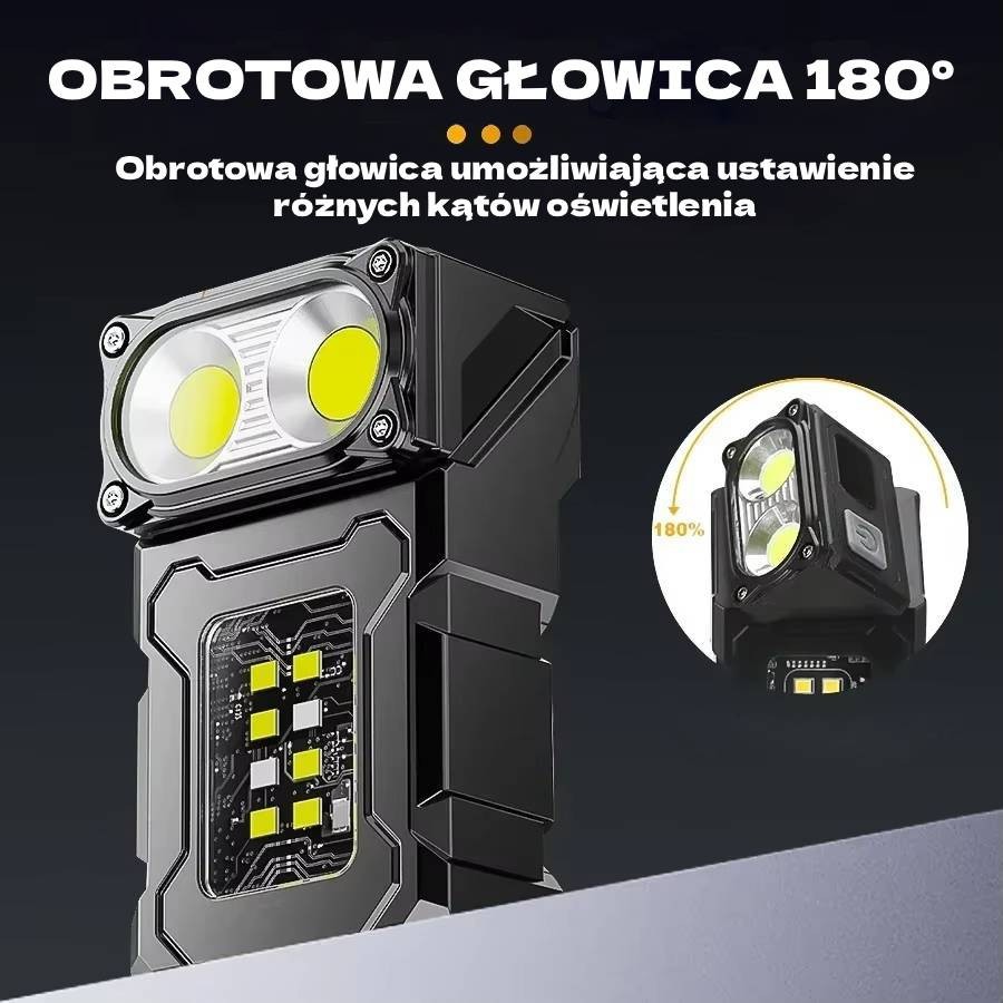Tactical flashlight, COB LED light with built-in swivel head + USB Type-C magnet