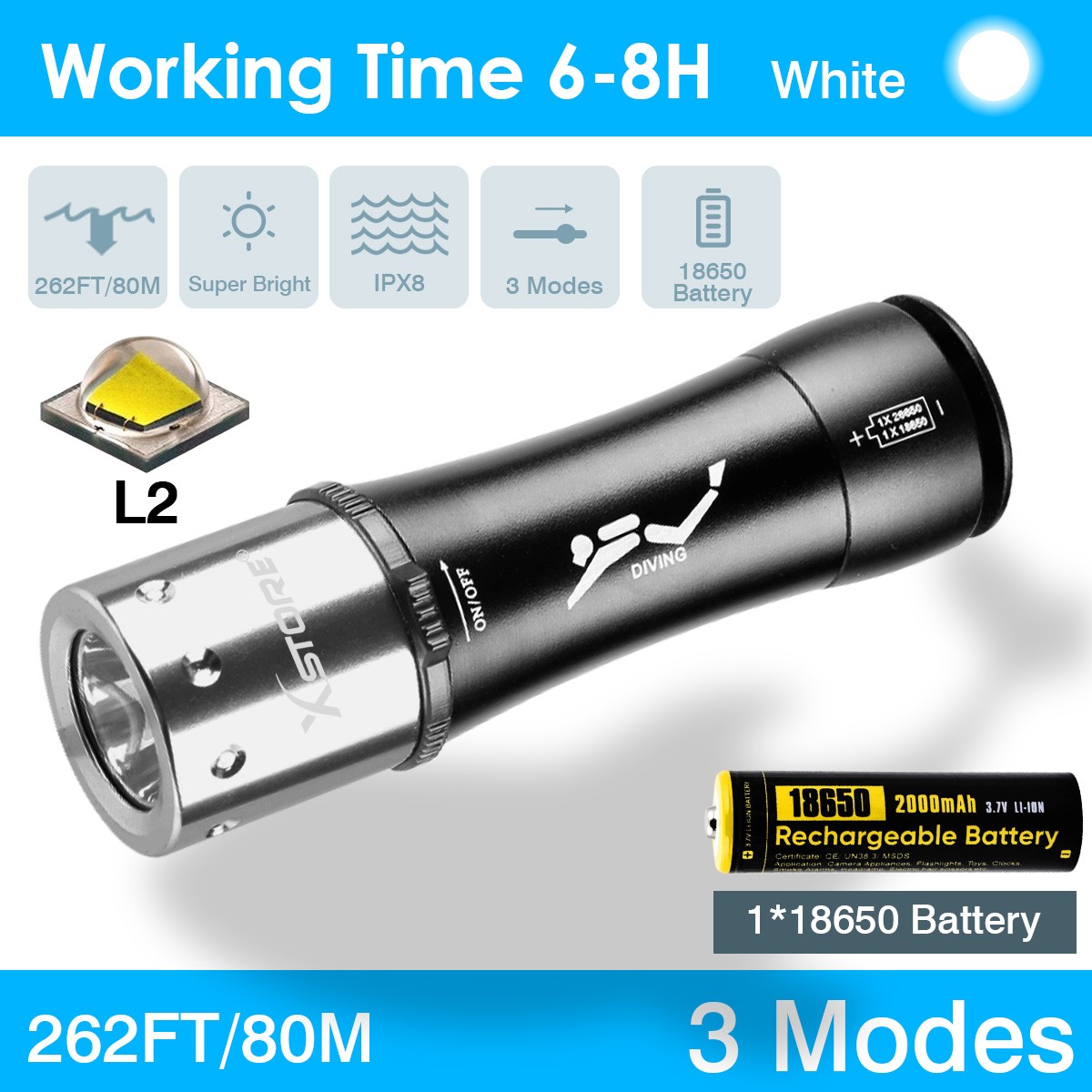 90000LMS Scuba Diving LED Flashlight Underwater 80M Waterproof Dive Torch Light