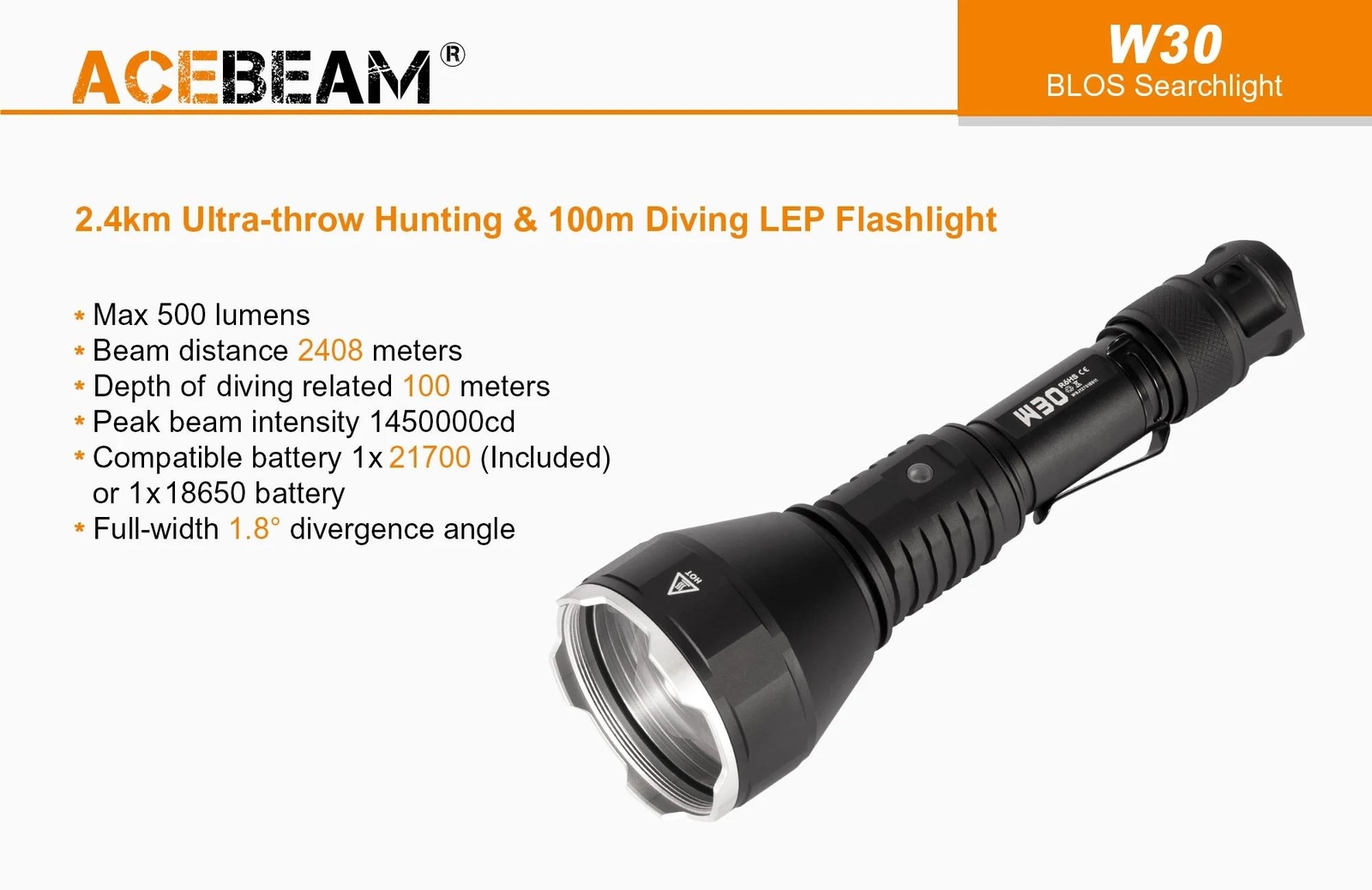 Acebeam W30 Long Range LEP Flashlight – 500 Lumens, 2408m throw, Cool White 650