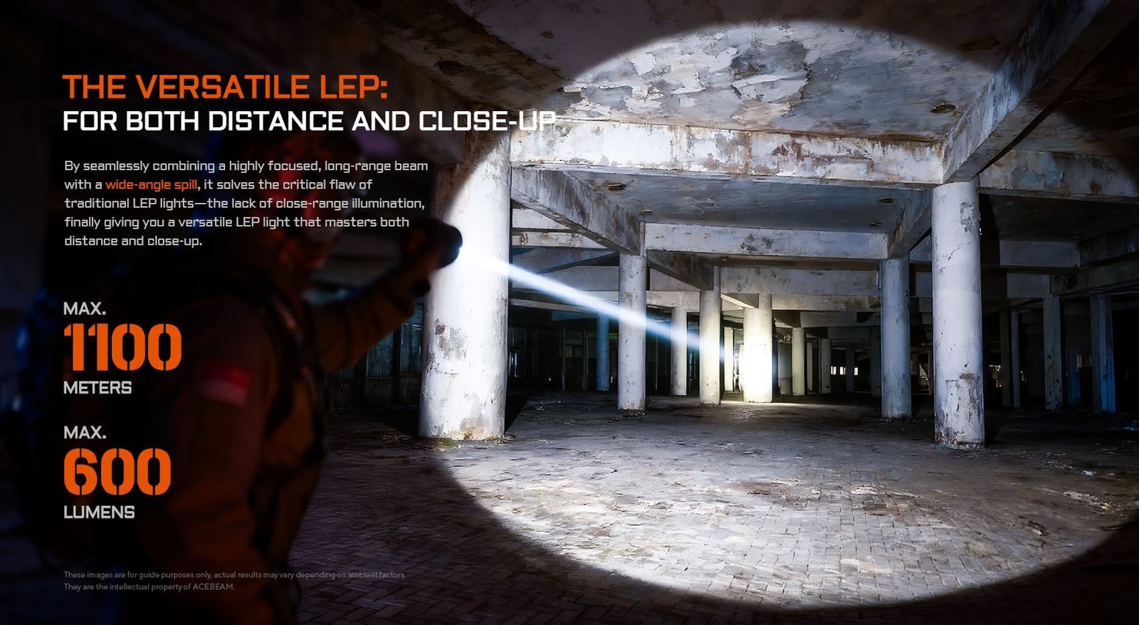 Acebeam W20 LEP Tactical Flashlight 600 Lumen 1100m Throw Wide Angle Spill