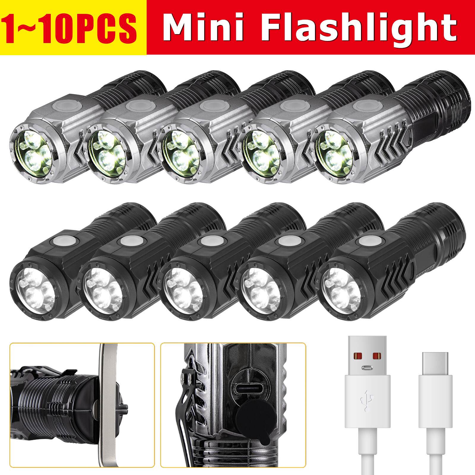 1-10PCS USB Rechargeable LED Flashlight Tactical Police Super Bright Torch LOT