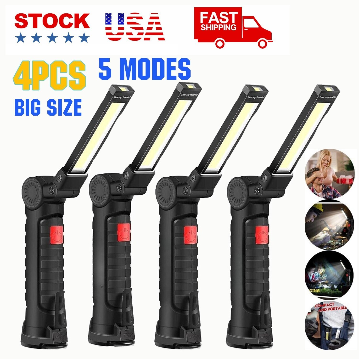 4Pack Magnetic Base 360° LED COB Work Light Rechargeable Mechanic Flashlight