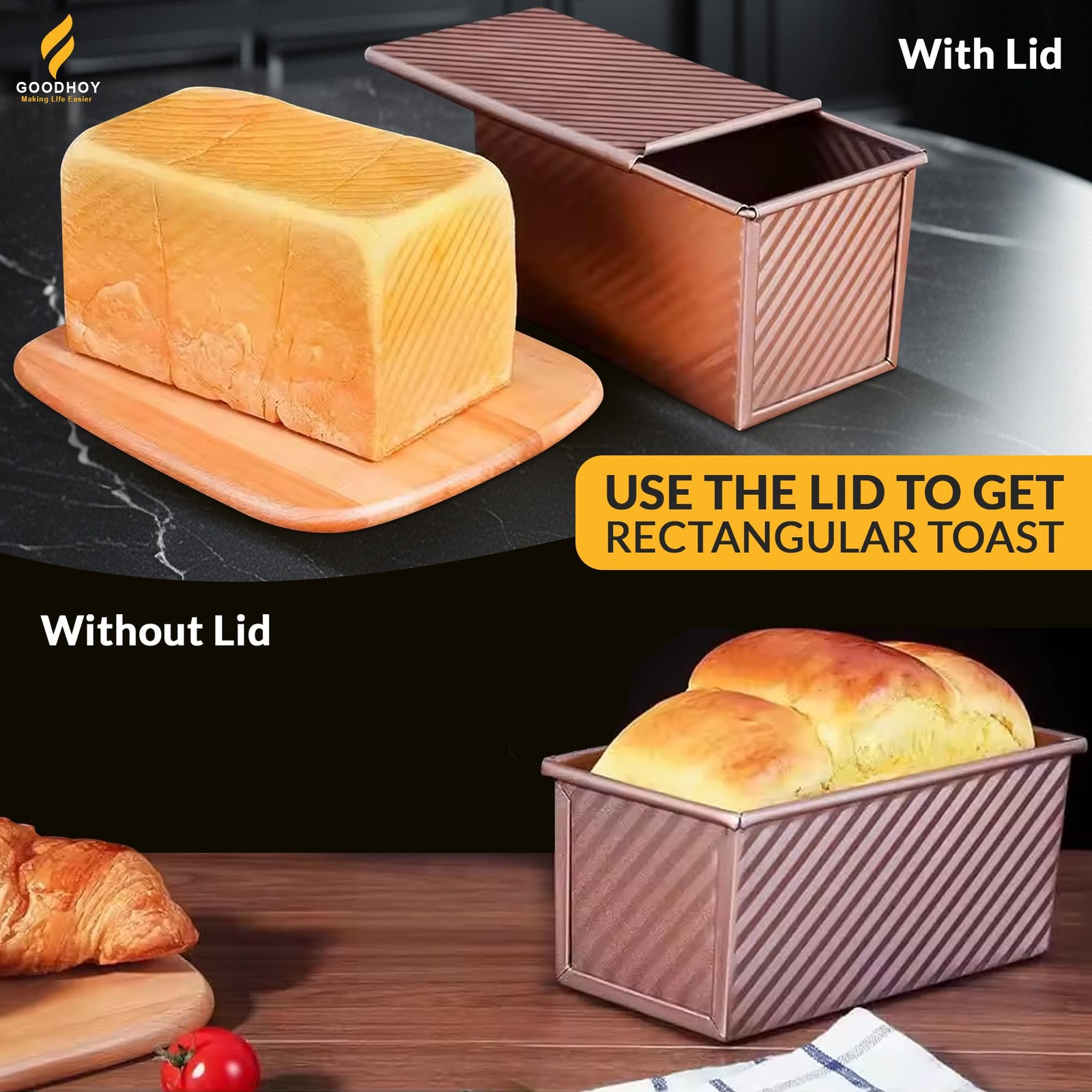 Goodhoy 1lb+1lb set Nonstick Pullman Loaf Pan With Lid For 1lb+1lb, Rose Gold