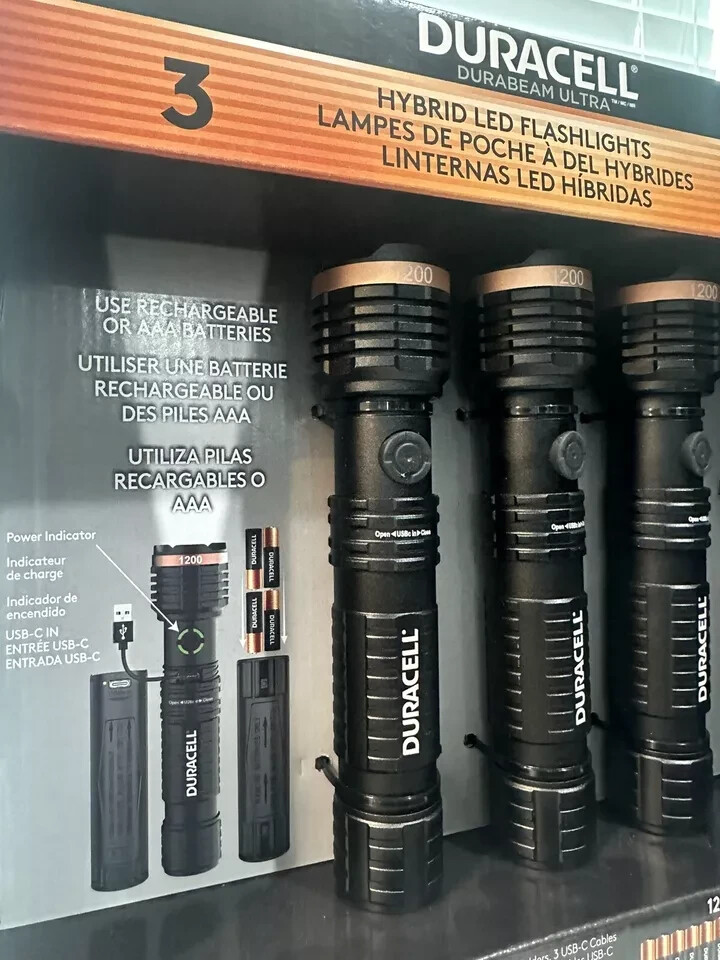 3 Pack Duracell LED Flashlights 1200 Lumens Rechargeable or AAA USB-C Cables NEW