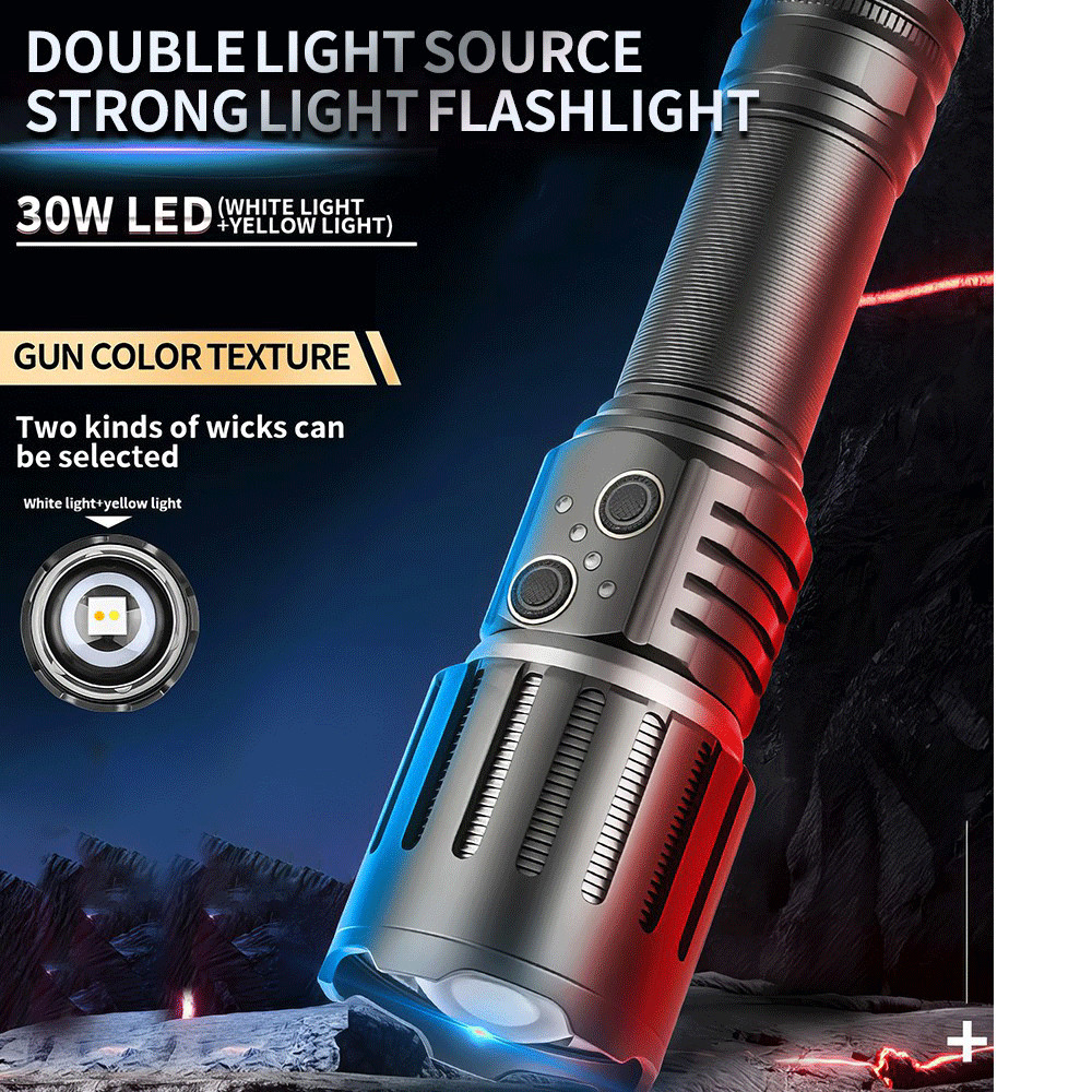 Flashlight Super Bright White+Yellow Light LED Zoom Type-C USB Camping Hiking