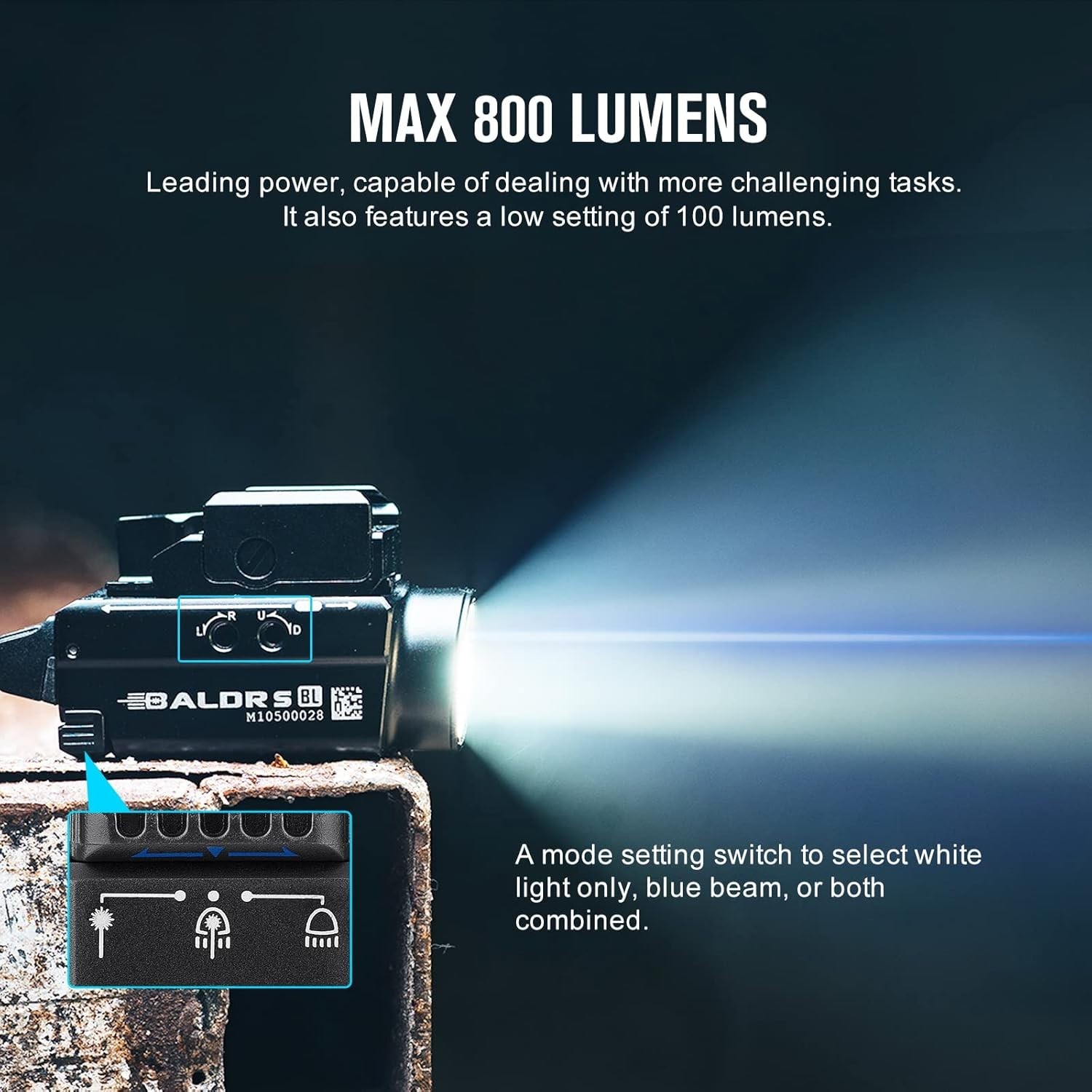 Lightweight Baldr S 800 Lumens Tactical Light: Rechargeable Blue & White LEDs