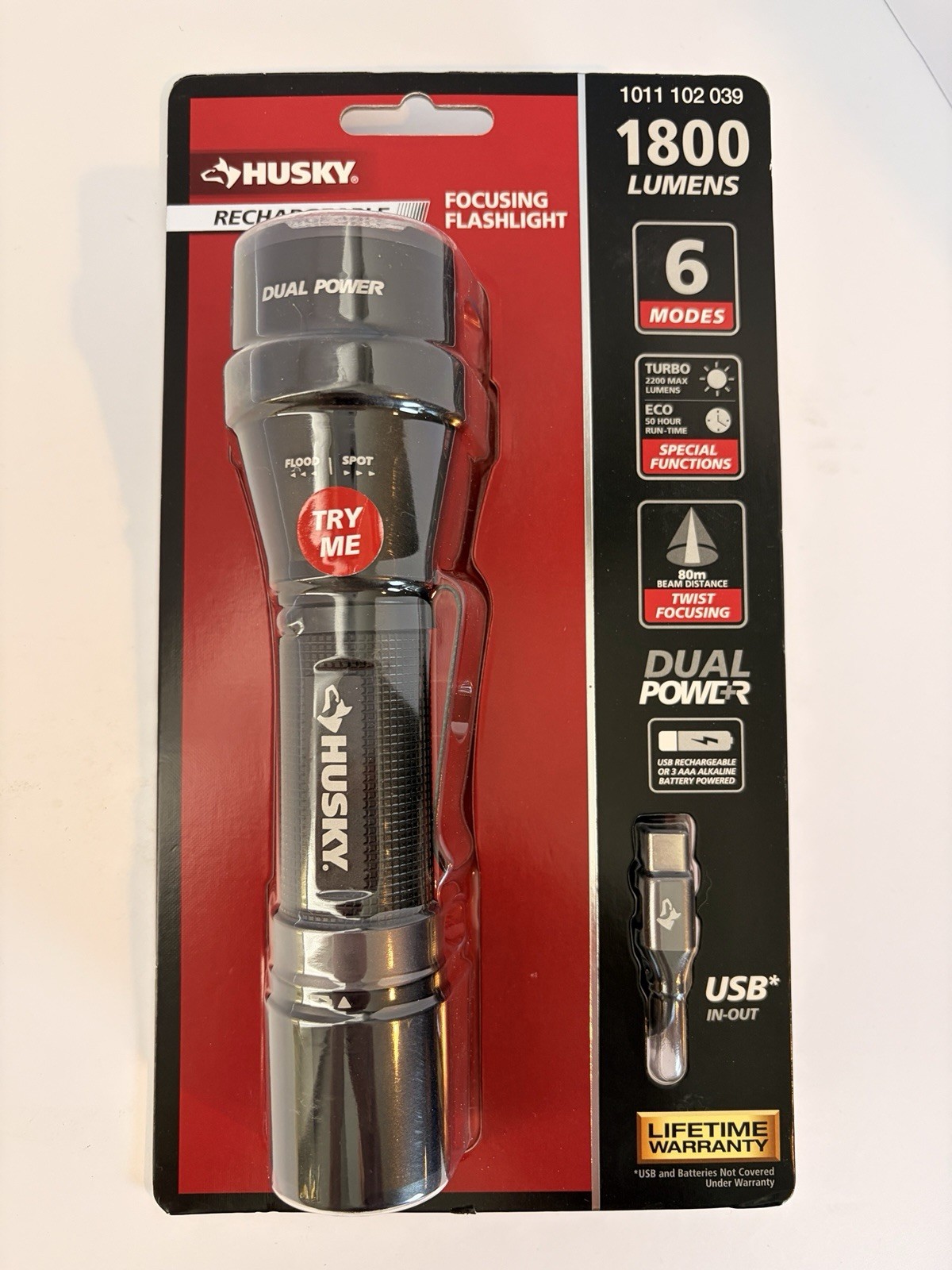 Husky 1800 Lumens Dual Power LED Rechargeable Tactical Focusing Flashlight