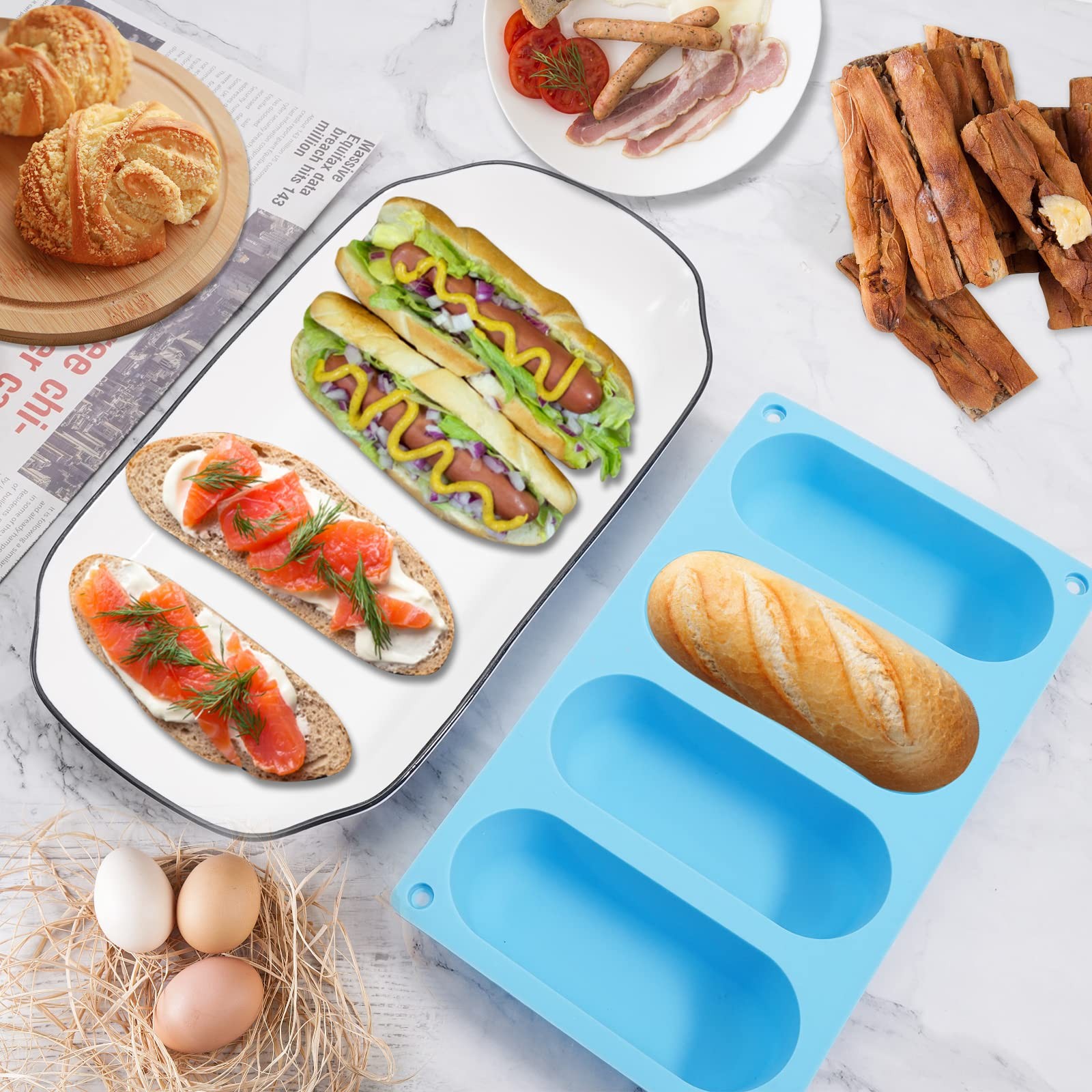 CANIPHA 2 Pack Hot Dog Bun Pan, Silicone Molds 22*13, Blue