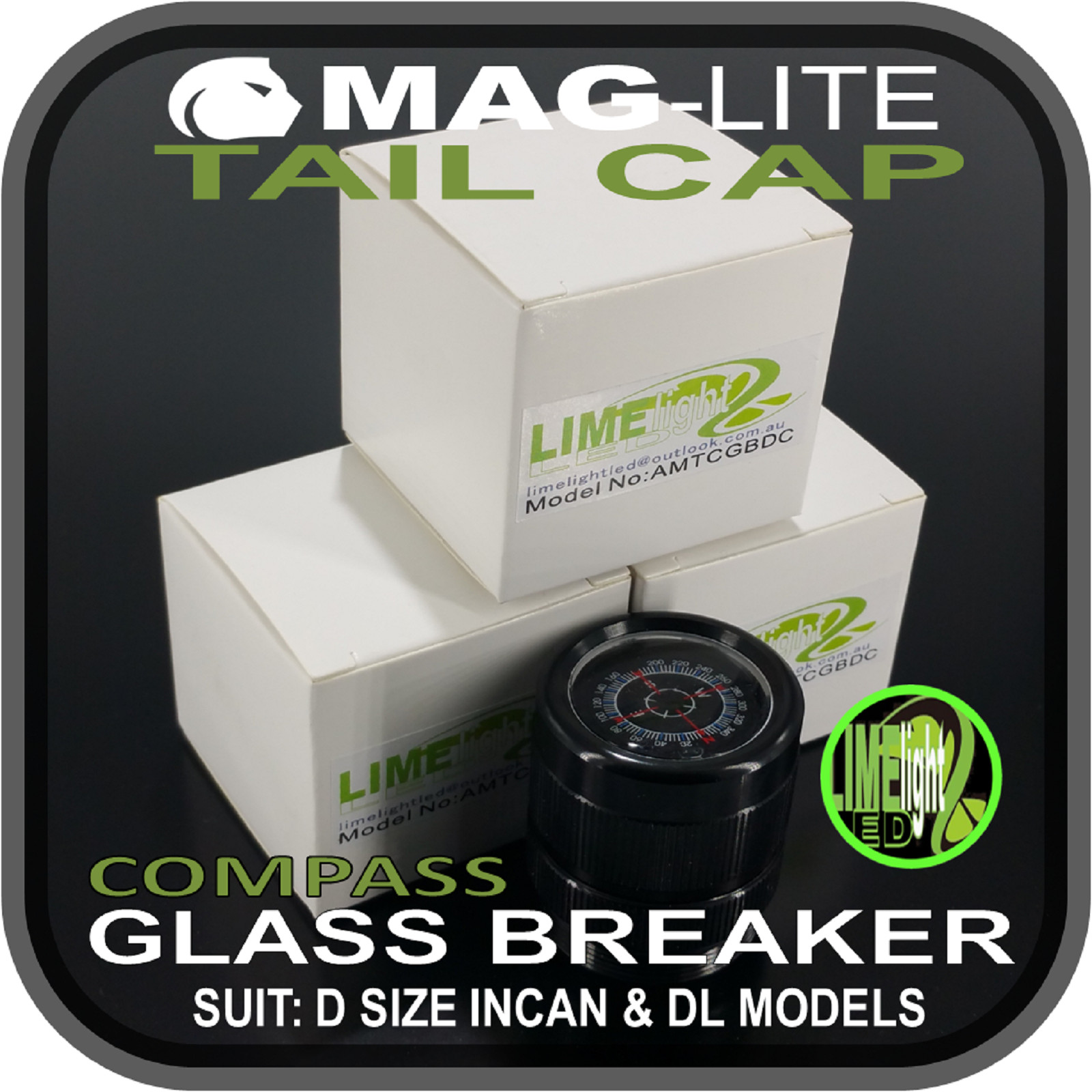 MAGLITE MODIFICATION UPGRADE D TAIL COMPASS WITH GLASS BREAKER D/DL MODELS AU