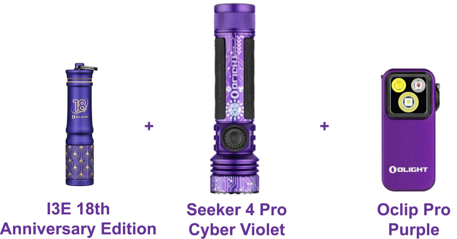 Olight Seeker 4 Pro Cyber Violet & Oclip Pro Purple & I3E 18th Anniversary Editi