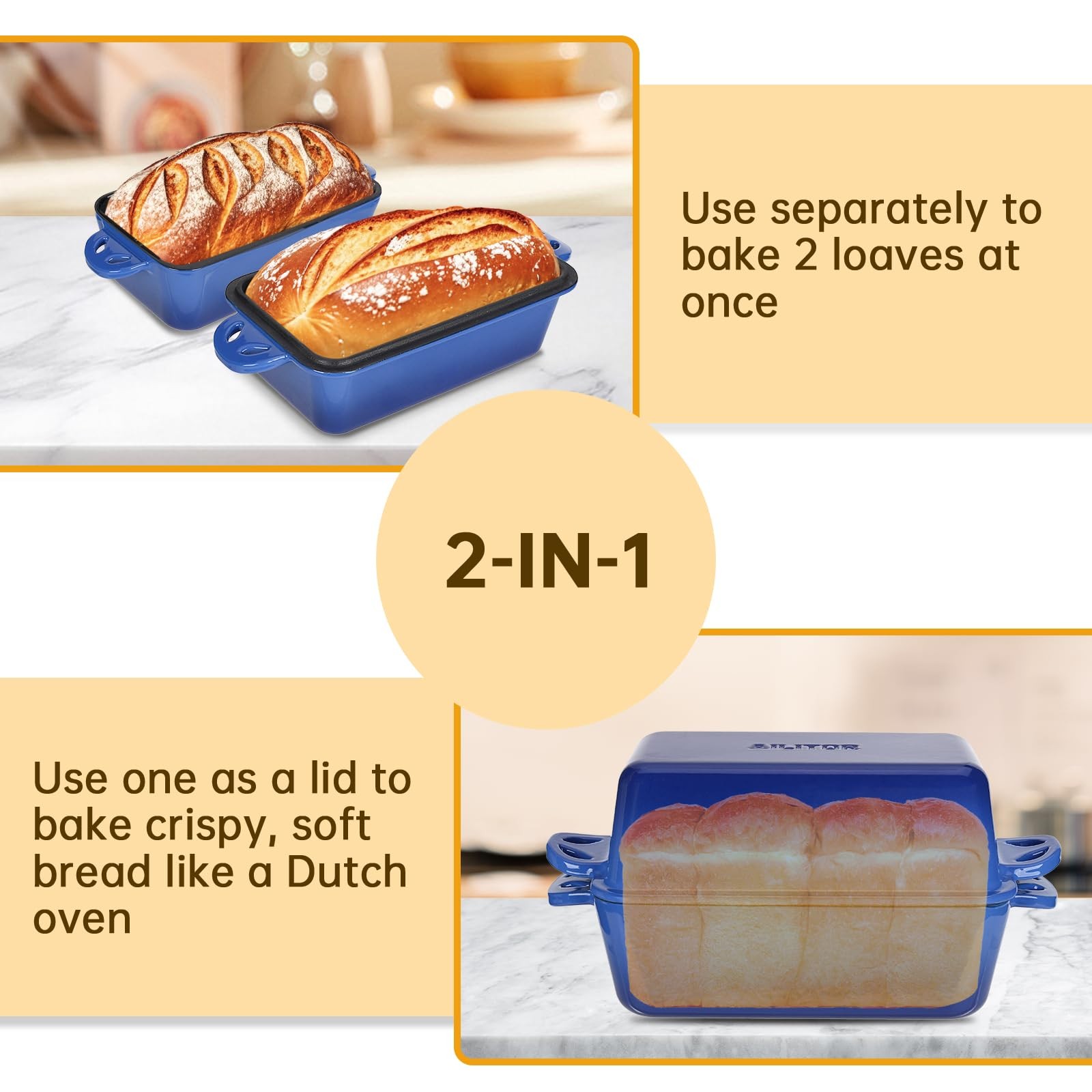 AILITOR 9×5 Enameled Cast Iron Loaf Pan with Lid – 2 in 1 Inch, Blue