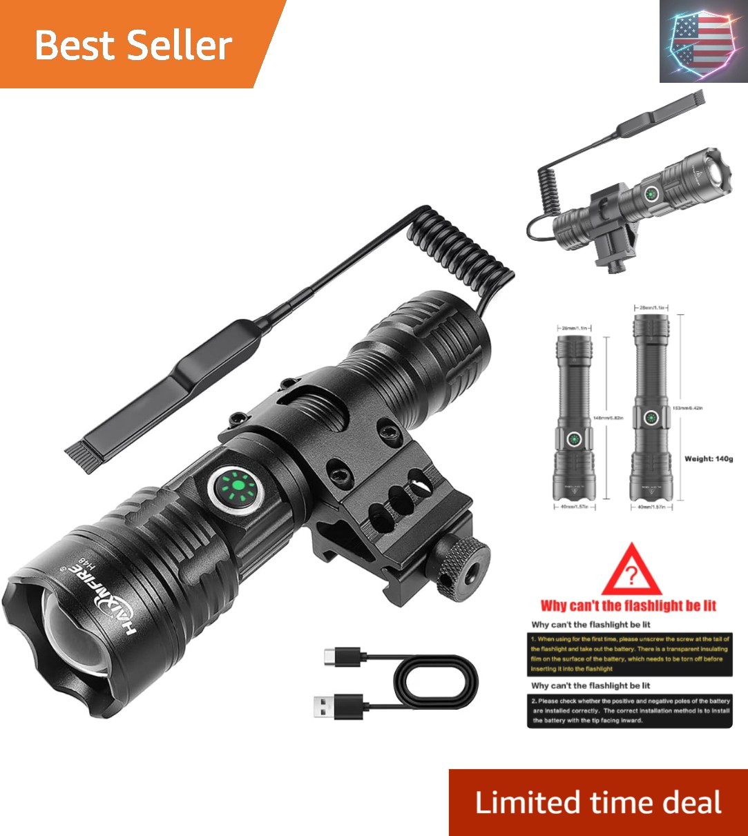 Tactical Flashlight Type-C USB Rechargeable 6000 lumens Zoomable LED Waterpro…