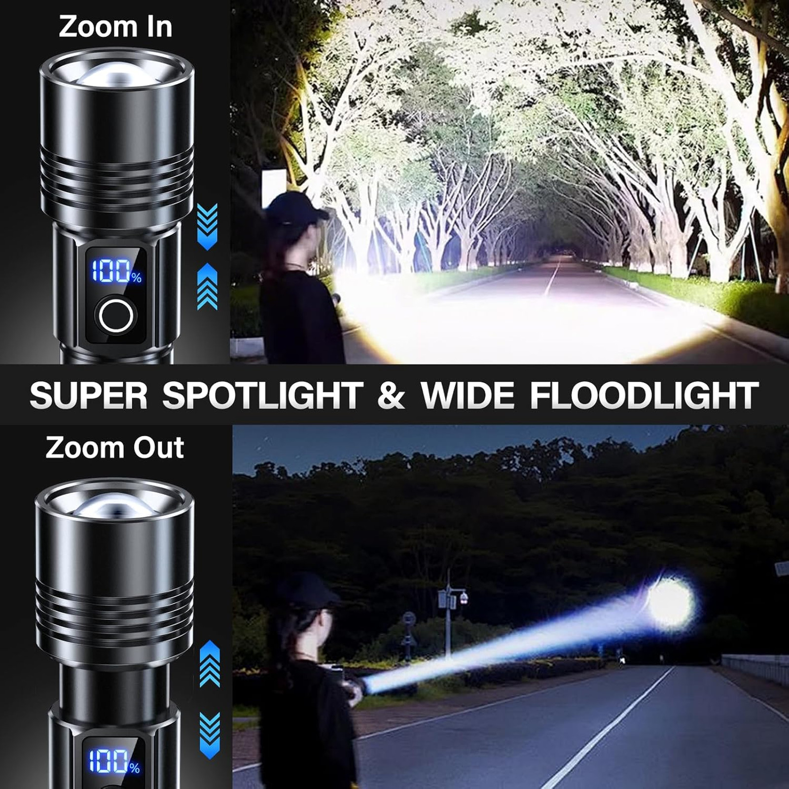 Rechargeable LED Flashlight High Lumens Portable Zoomable Tactical Light with 6