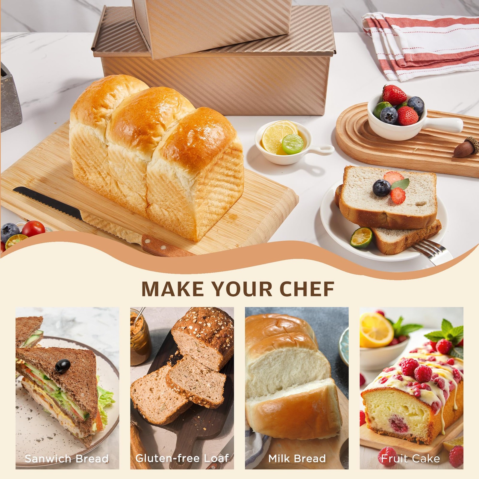 KITESSENSU Pullman Loaf Pan with Lid, 1 lb Dough Capacity 1 lb, Gold