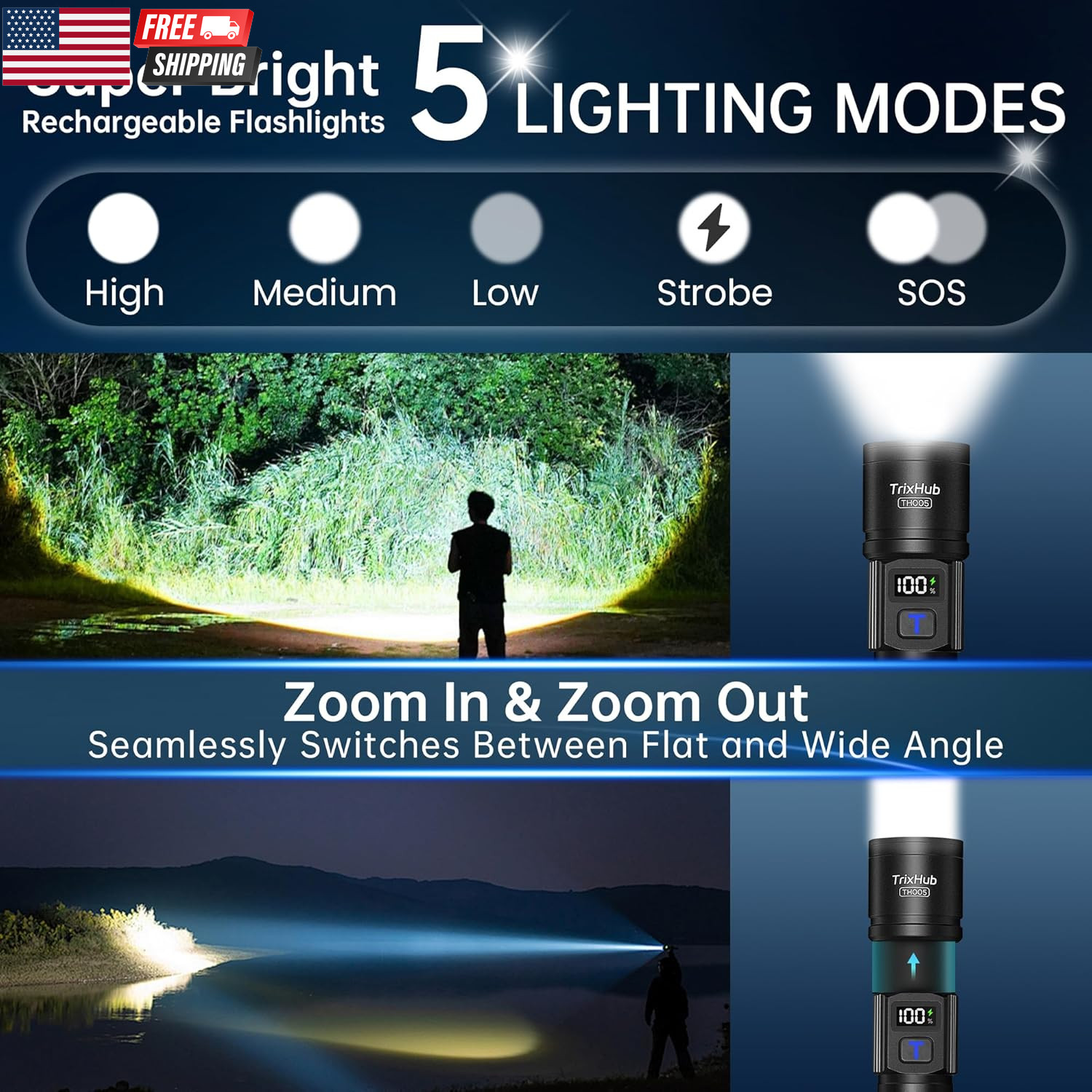Rechargeable Flashlights 2 Pack, Super Bright High Lumens Flash Light, 5 Modes Z