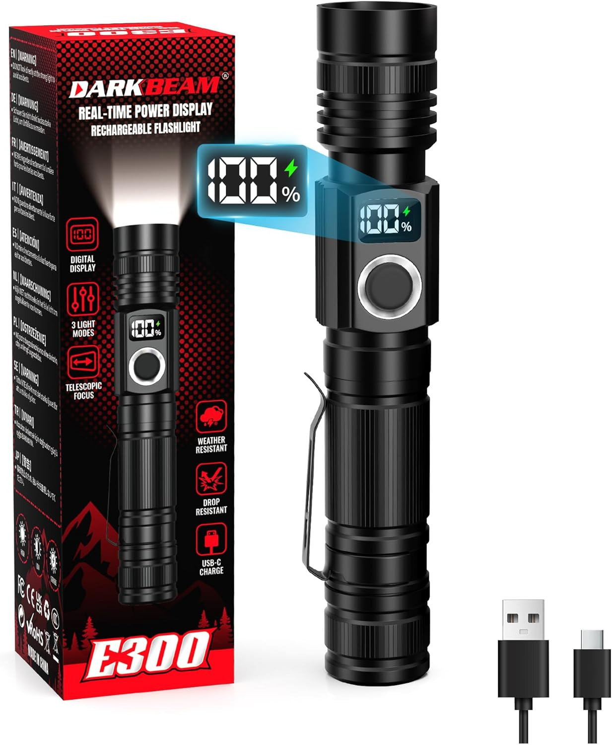 LED Flashlights with Power Display, 2800 High Lumens Rechargeable | USB- C Flash