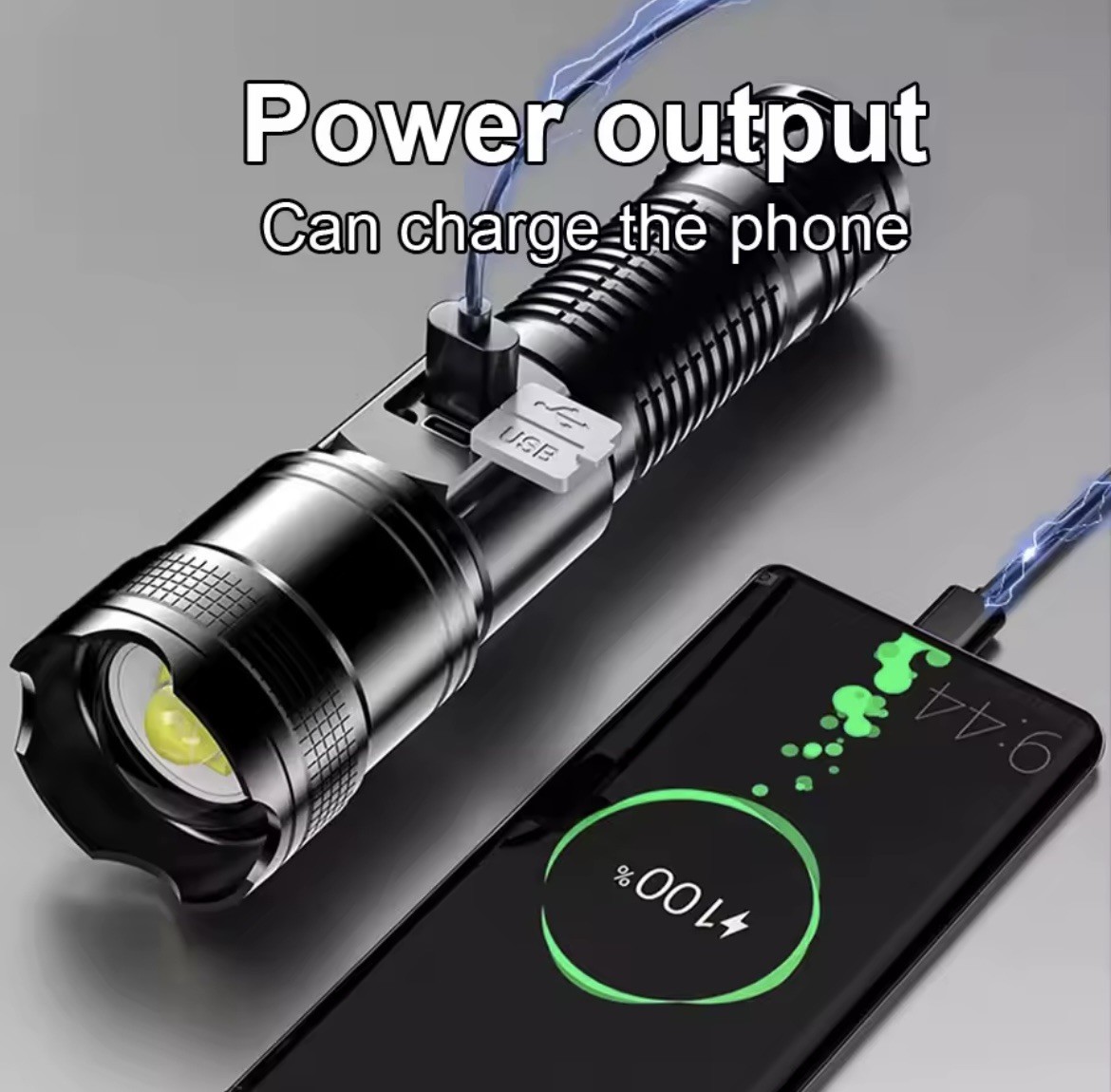 High-Power LED Flashlight with Digital Display, Zoomable, USB-C Charging, IPX6 W