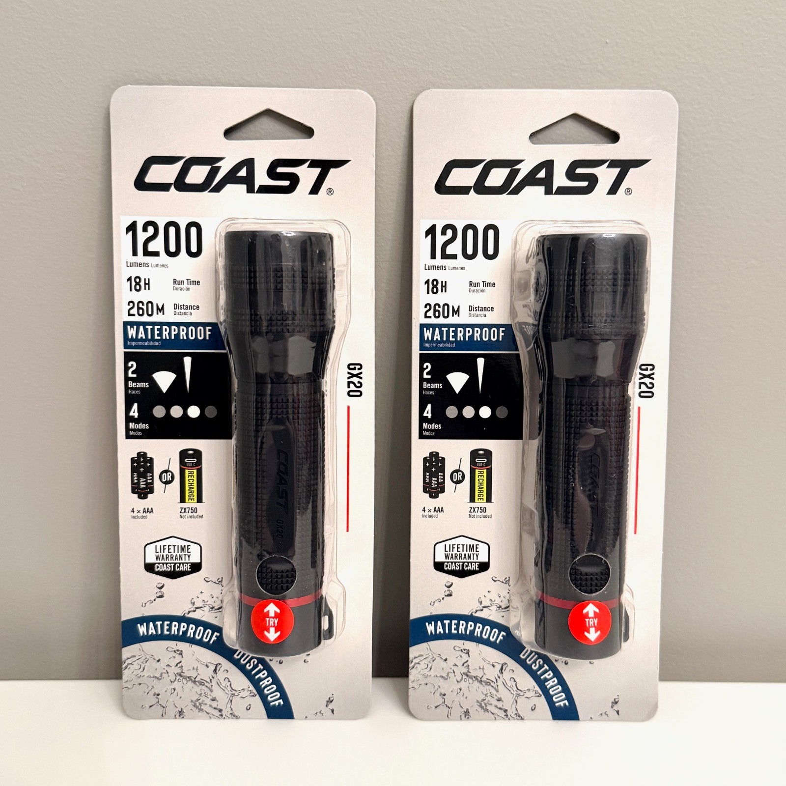 COAST GX20 WATERPROOF 1200 LUMEN DUAL POWER LED RECHARGABLE FLASHLIGHTS LOT X2