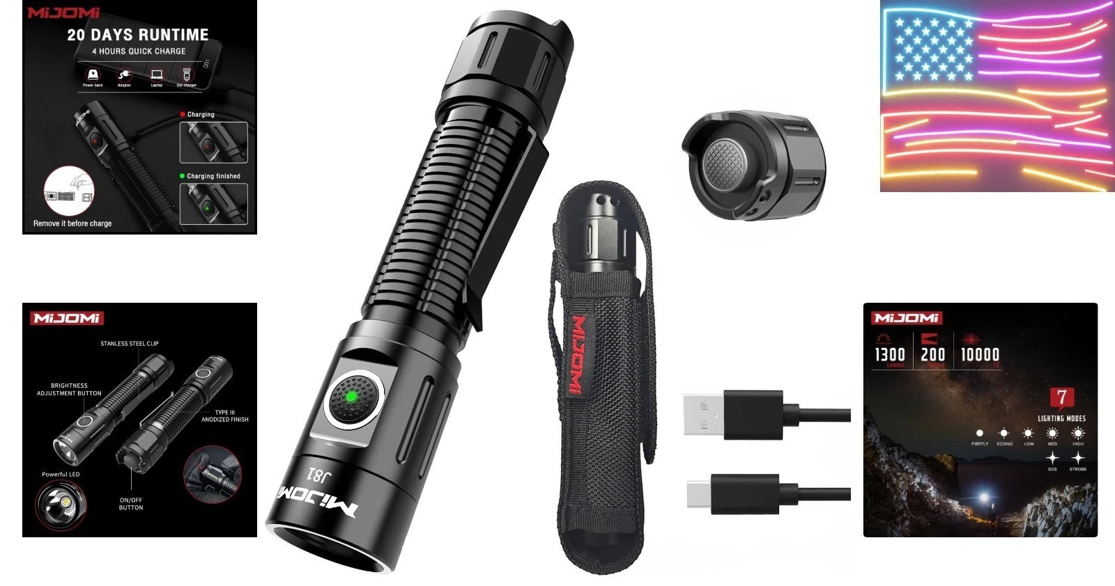 J81 Tactical Rechargeable Flashlight with Holster, 1300 Lumen Super Bright W..,