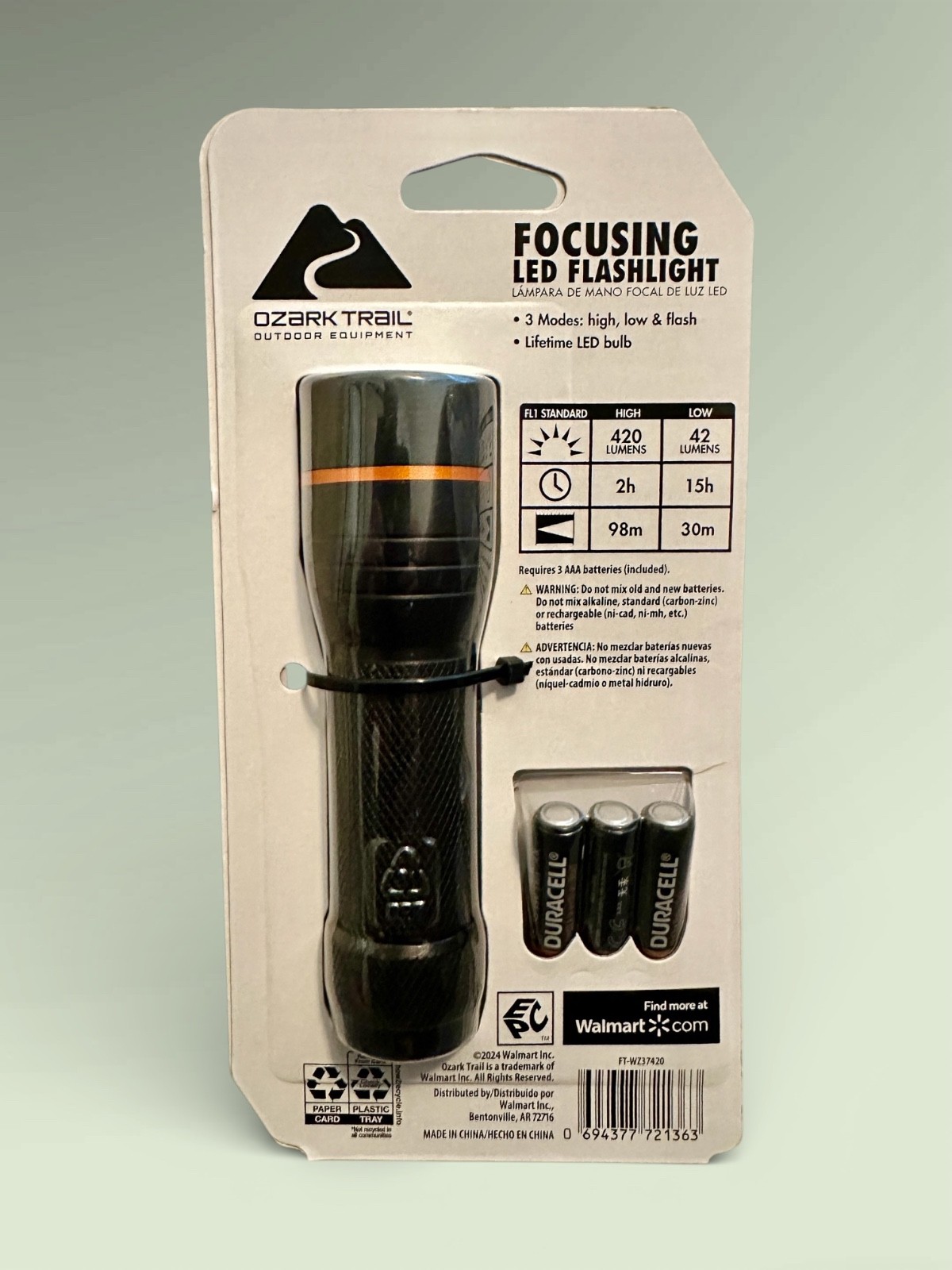 Ozark Trail 420 Lumen LED Flashlight Focus Beam IPX4 Waterproof + Batteries