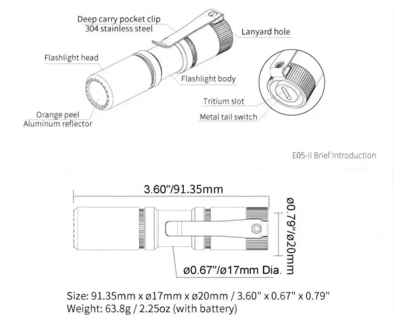 Mankerlight E05 II Titanium 1300/800 Lumen LED AA 14500 EDC Flashlight+ Battery