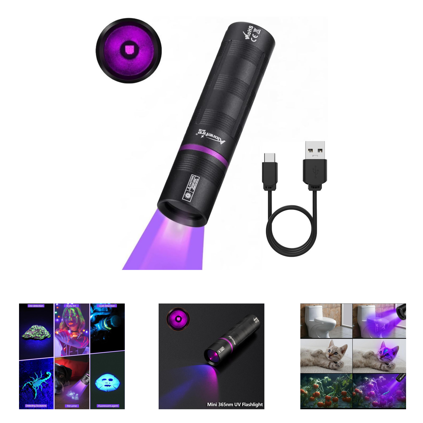 Mini 365nm UV Flashlight Blacklight USB C Rechargeable Wood Lamp Money Detector