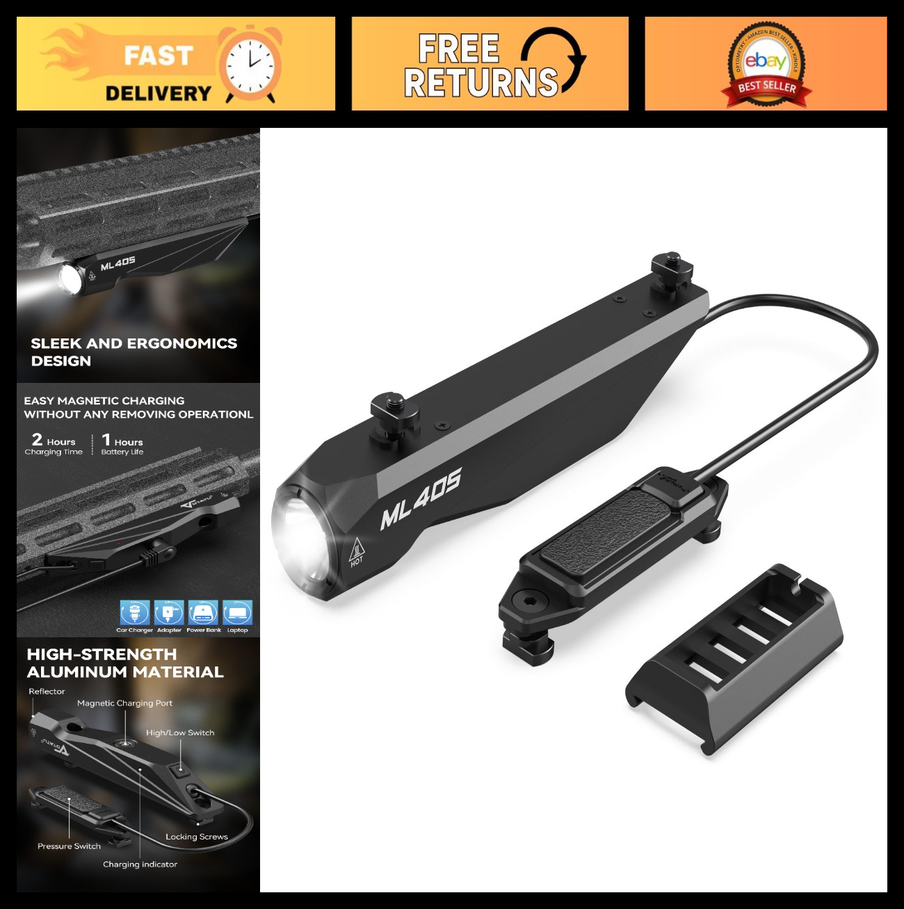Tactical Flashlight 1450 Lumens with Pressure Switch, M-Lok Rail Compatible, Rec