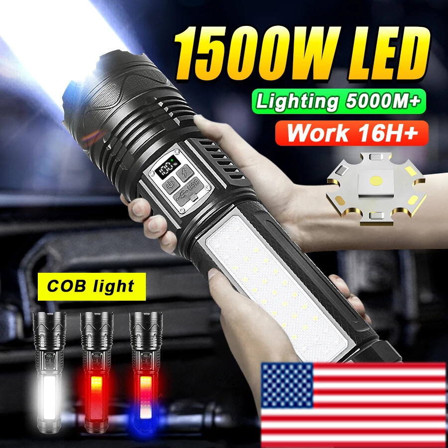 1500W Powerful Led Flashlight Type-C Rechargeable Searchlight Tactical Torch