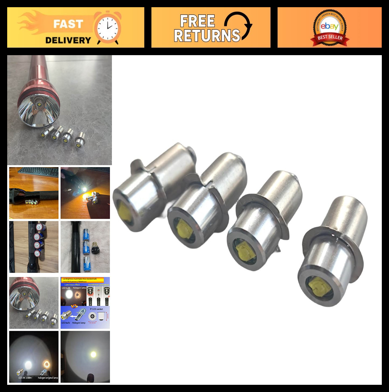 Upgrade LED Flashlight Bulb Conversion Kit 4-Pack, 3W, 6-24V, P13.5S PR2, Bright