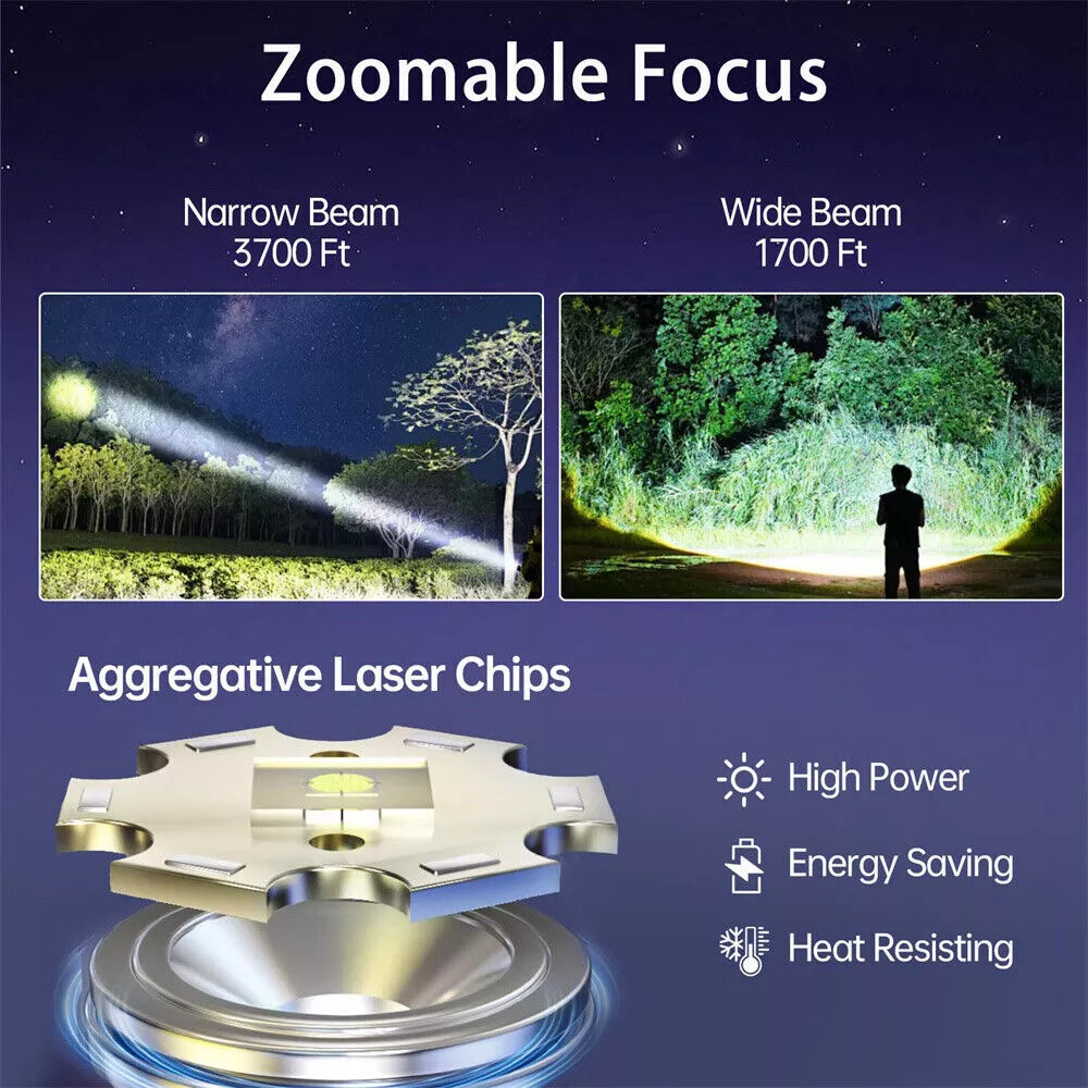 Super Bright 1-4X 1000000 Lumen LED Tactical Flashlight Rechargeable Work Light
