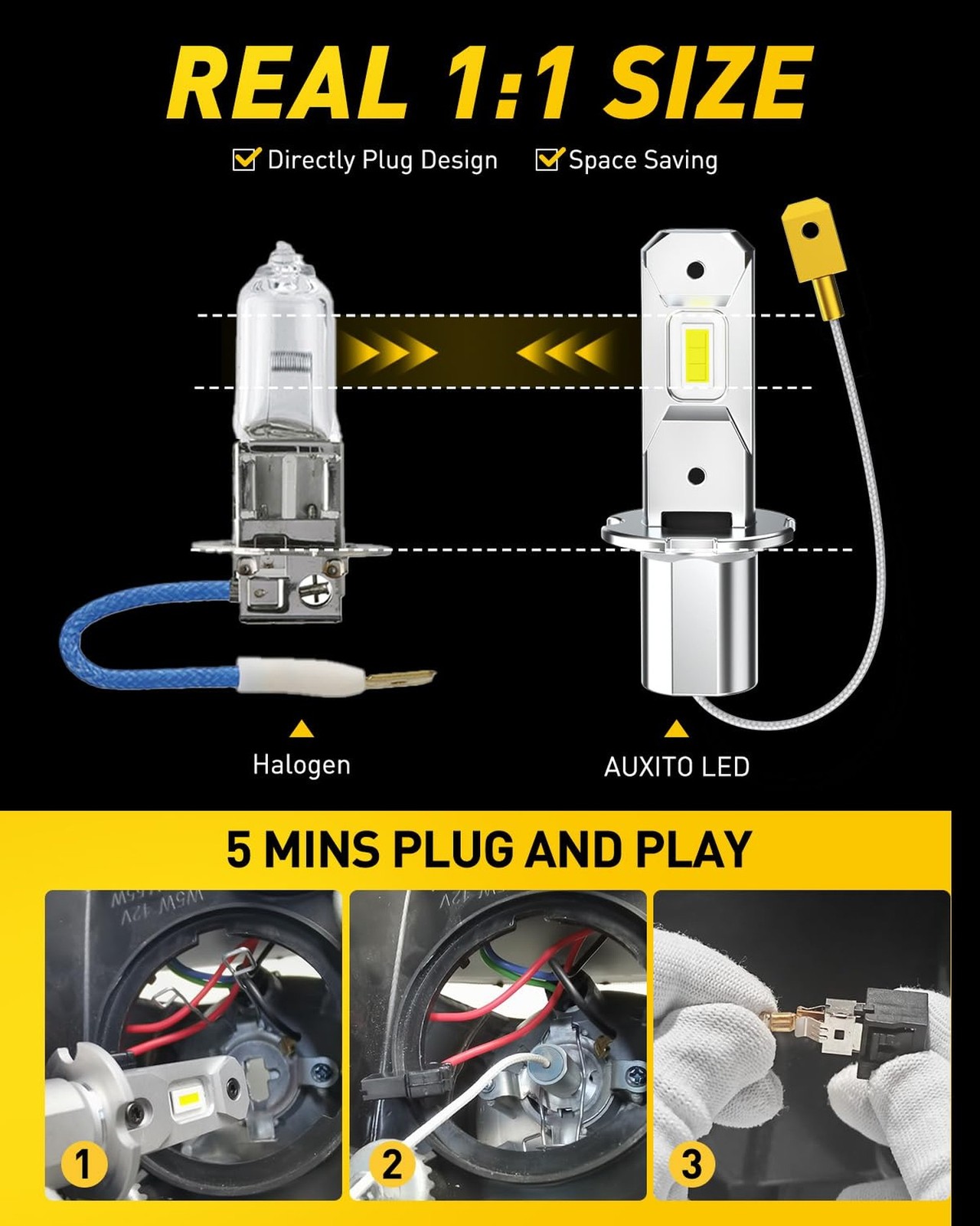 “AUXITO H3 LED Bulb, 16,000LM 600% Super Brighter, 10 Years Lifespan, 1:1 Siz…