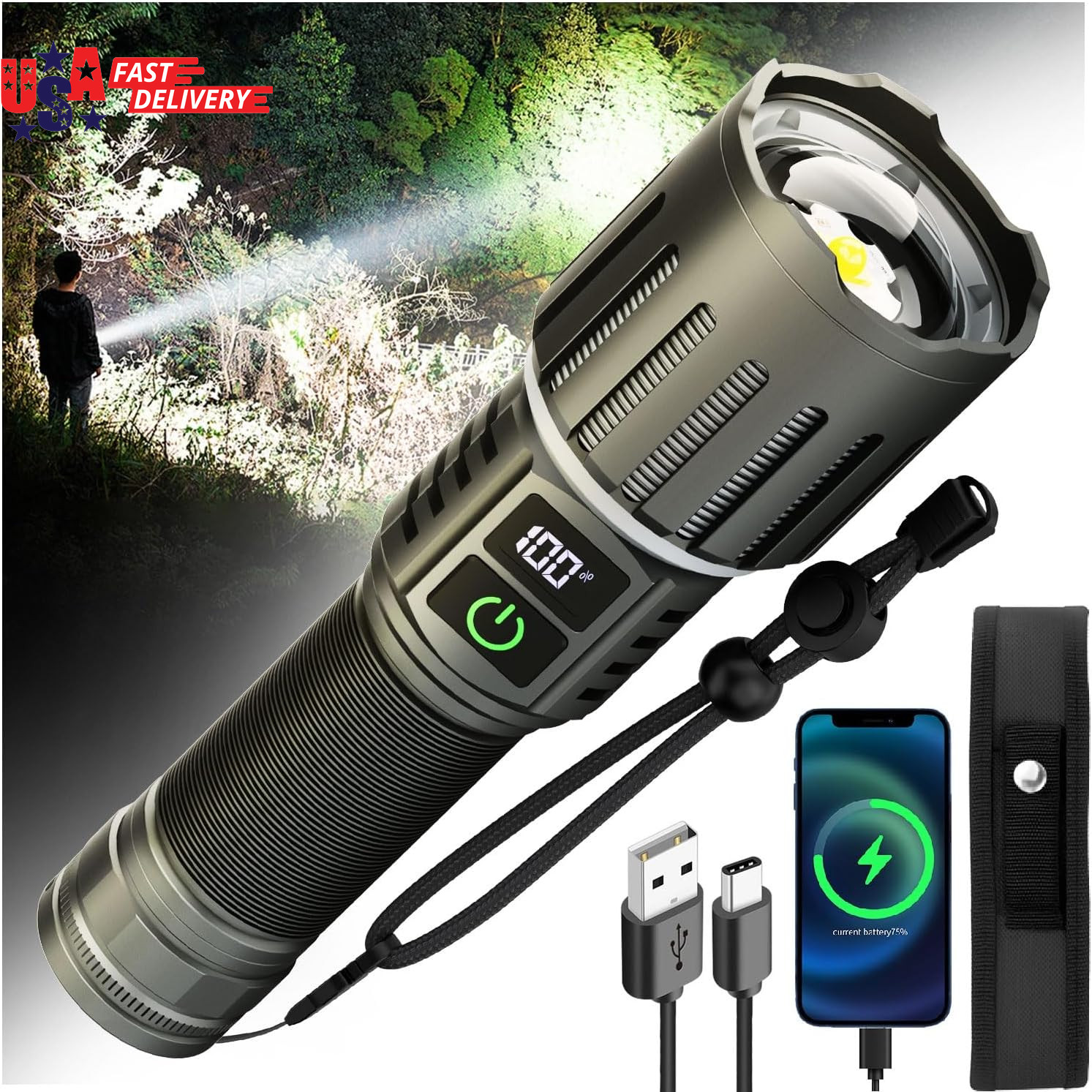 Rechargeable Flashlight, Titanium 5 Modes Zoomable Flash Light, Bright Real 1500