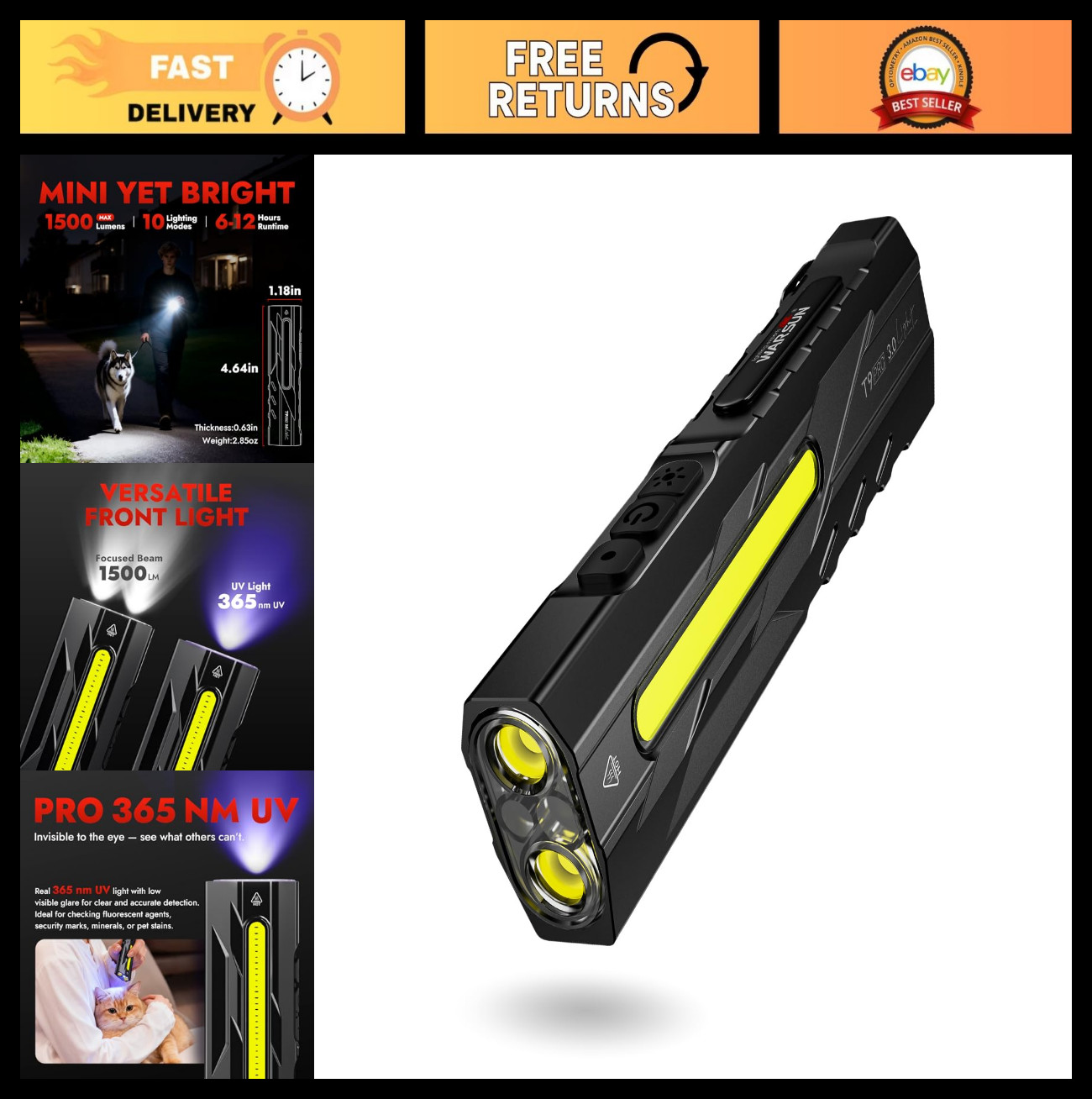 1500 Lumen Rechargeable Compact LED Flashlight – Magnetic Base, Portable Work Li