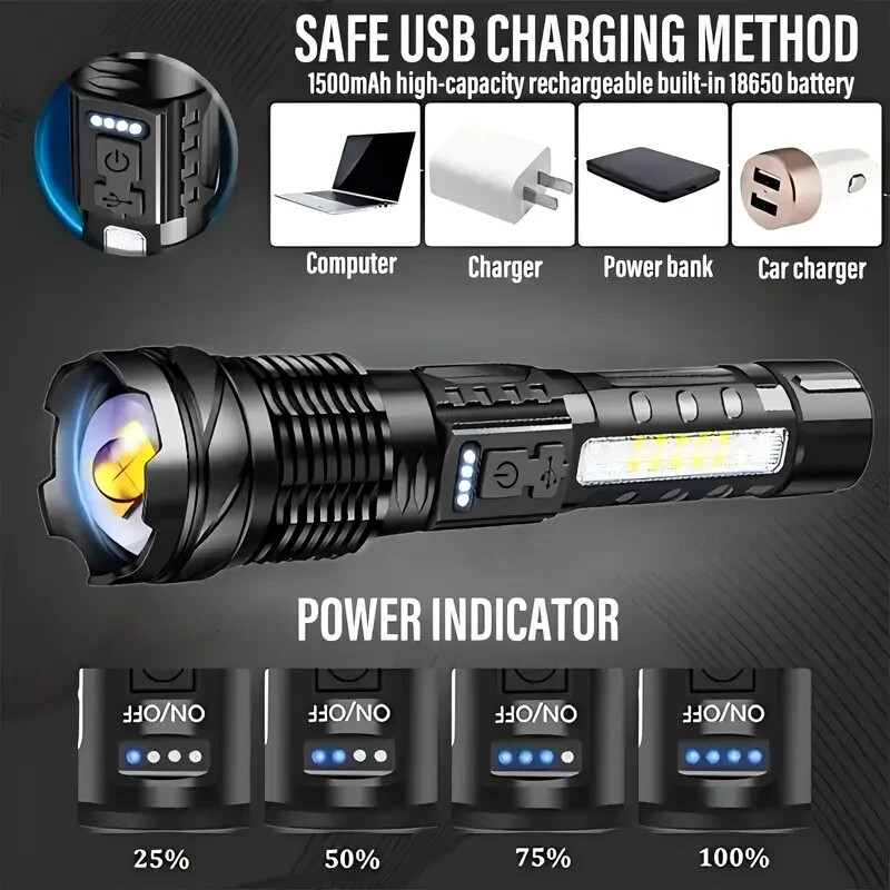 LED Flashlight Rechargeable with 7 modes- Built-in Battery for Outdoor Camping