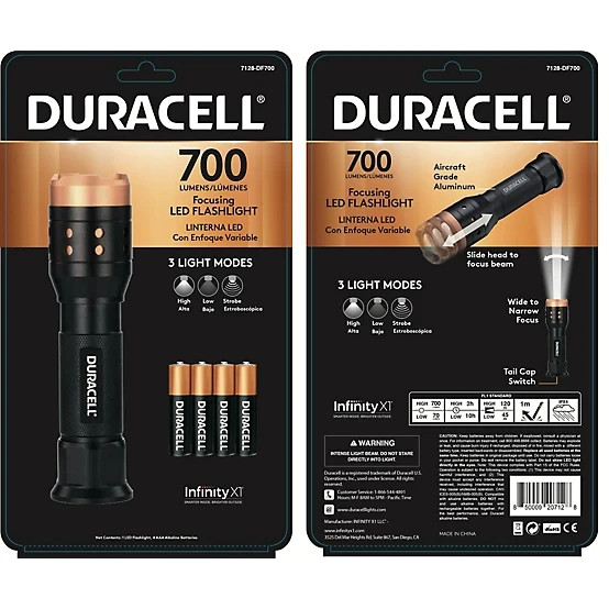 Duracell 3 Mode (High/Low/Strobe) LED Flashlight, 700 Lumens 4 AAA Batteries Inc