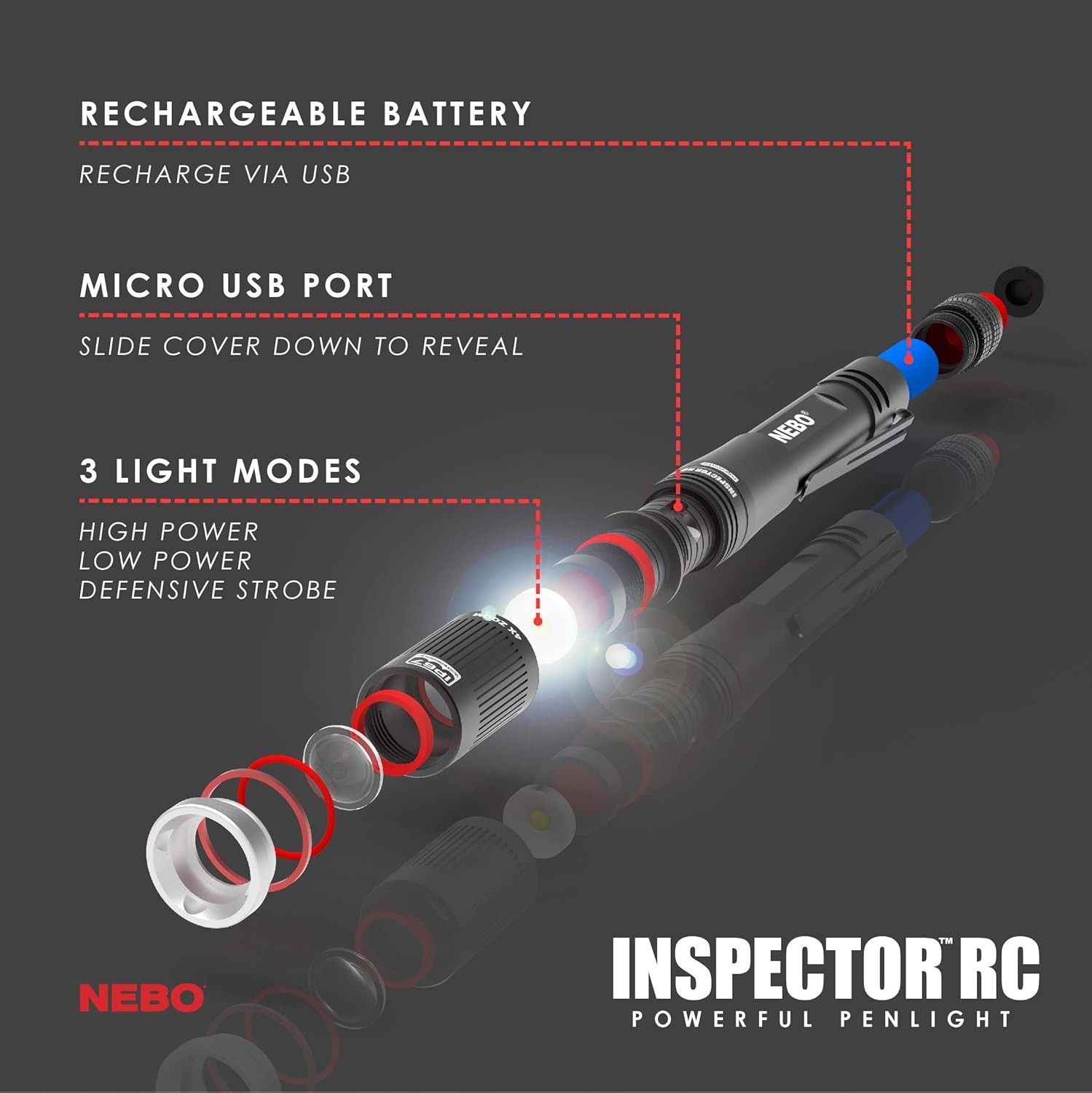 NEBO Rechargeable Pen Light Flashlight 360-Lumens Inspector 1 pack, Black