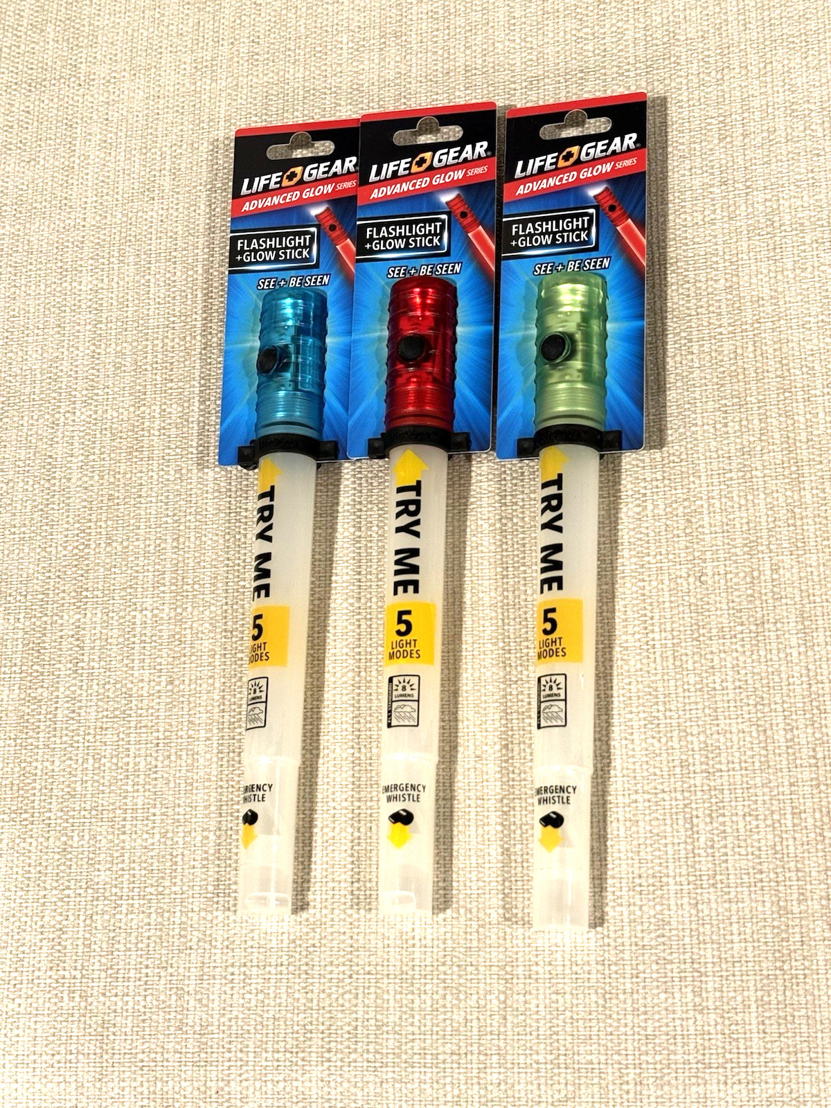 Life Gear 5 Function Flashlights + Glow Sticks – Pack of 3