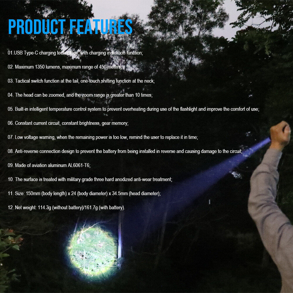 TrustFire 1350 Lumen Rechargeable LED Torch with 450m Range and Zoom Feature US