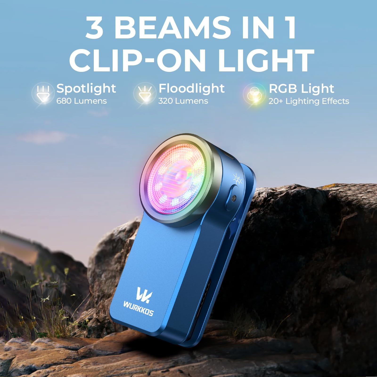 Wurkkos HD03 RGB Rechargeable Clip~on EDC Flashlight, 680 Lumens Blue