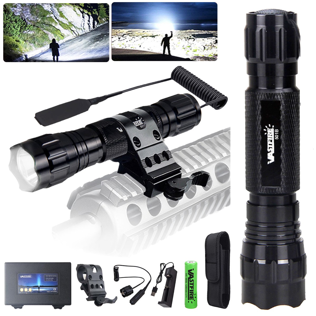 Hunting LED Flashlight Night Light w/ Quick Release Scope Mount 20mm Rail Torch