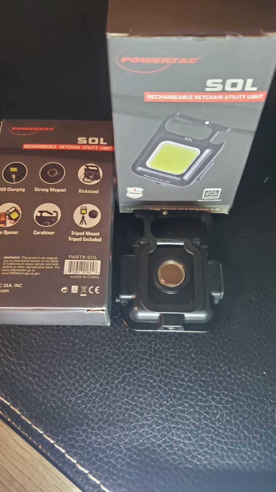 Powertac SOL Rechargeable Keychain Light NIB Magnet Carbiner Bottle Opener Pair