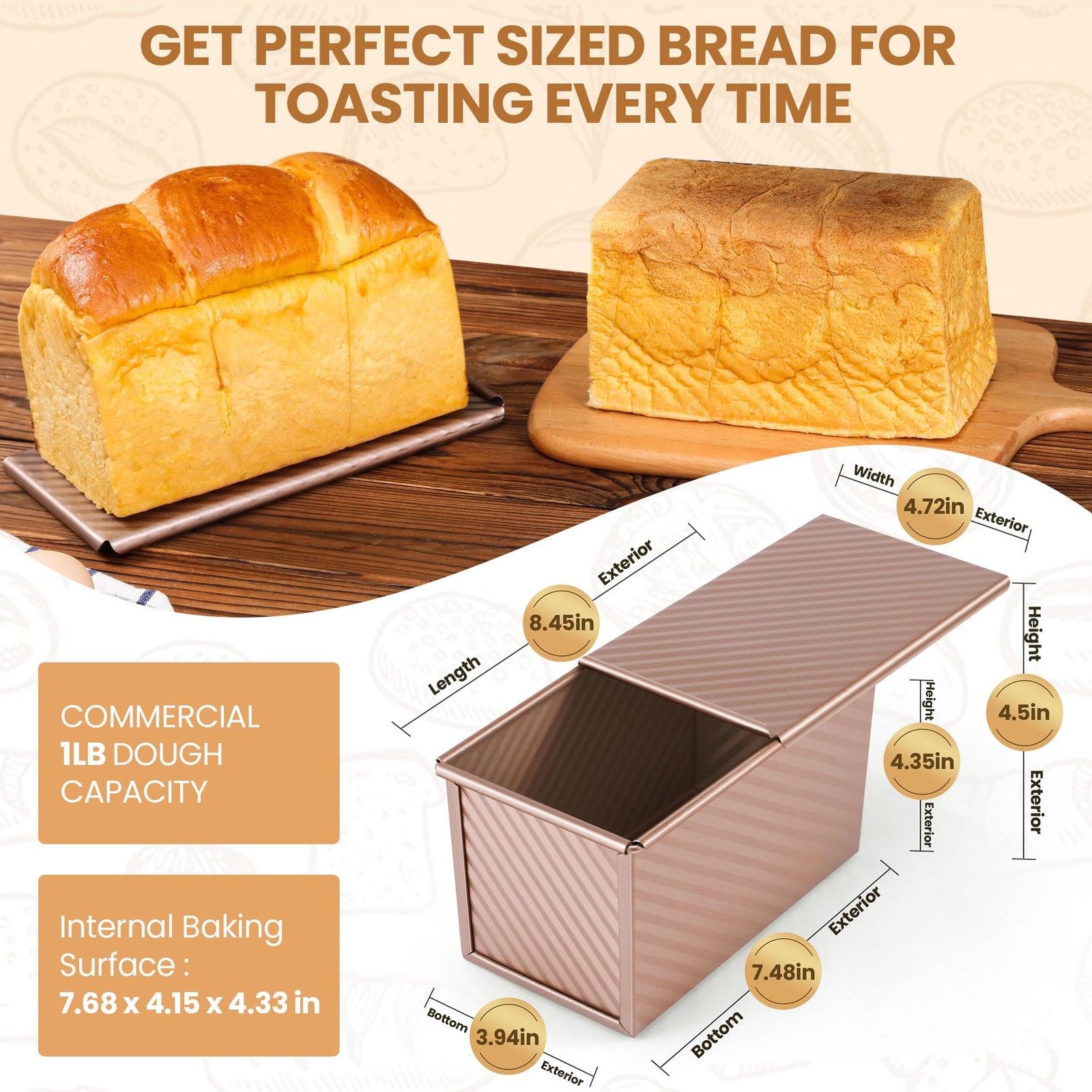Yupjlia Pullman Loaf Pan with Lid, Premium 1 Large, 1LB Dough Capacity, Gold