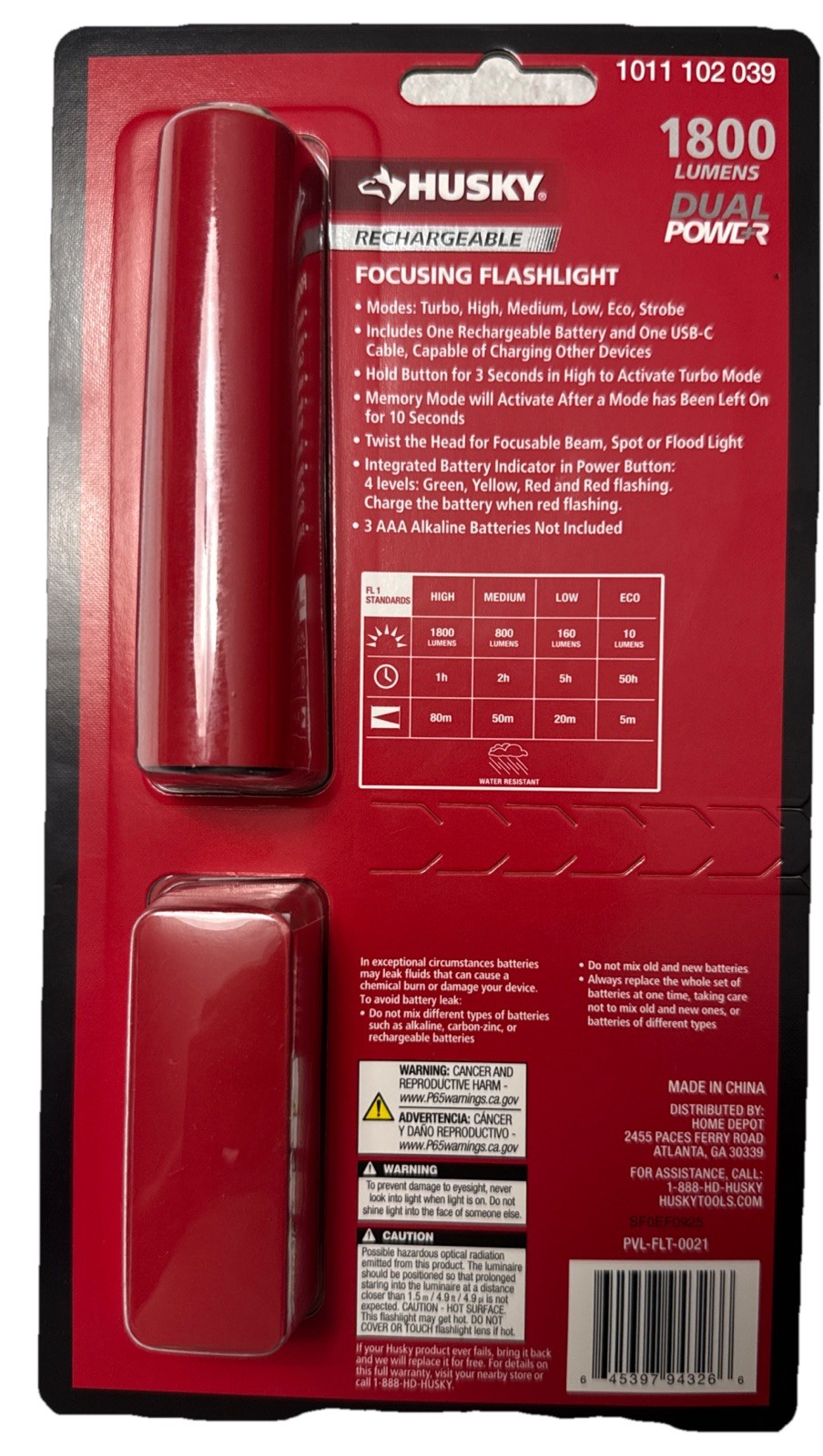 Husky 1800 Lumens Dual Power LED Rechargeable Lithium Ion Focusing Flashlight