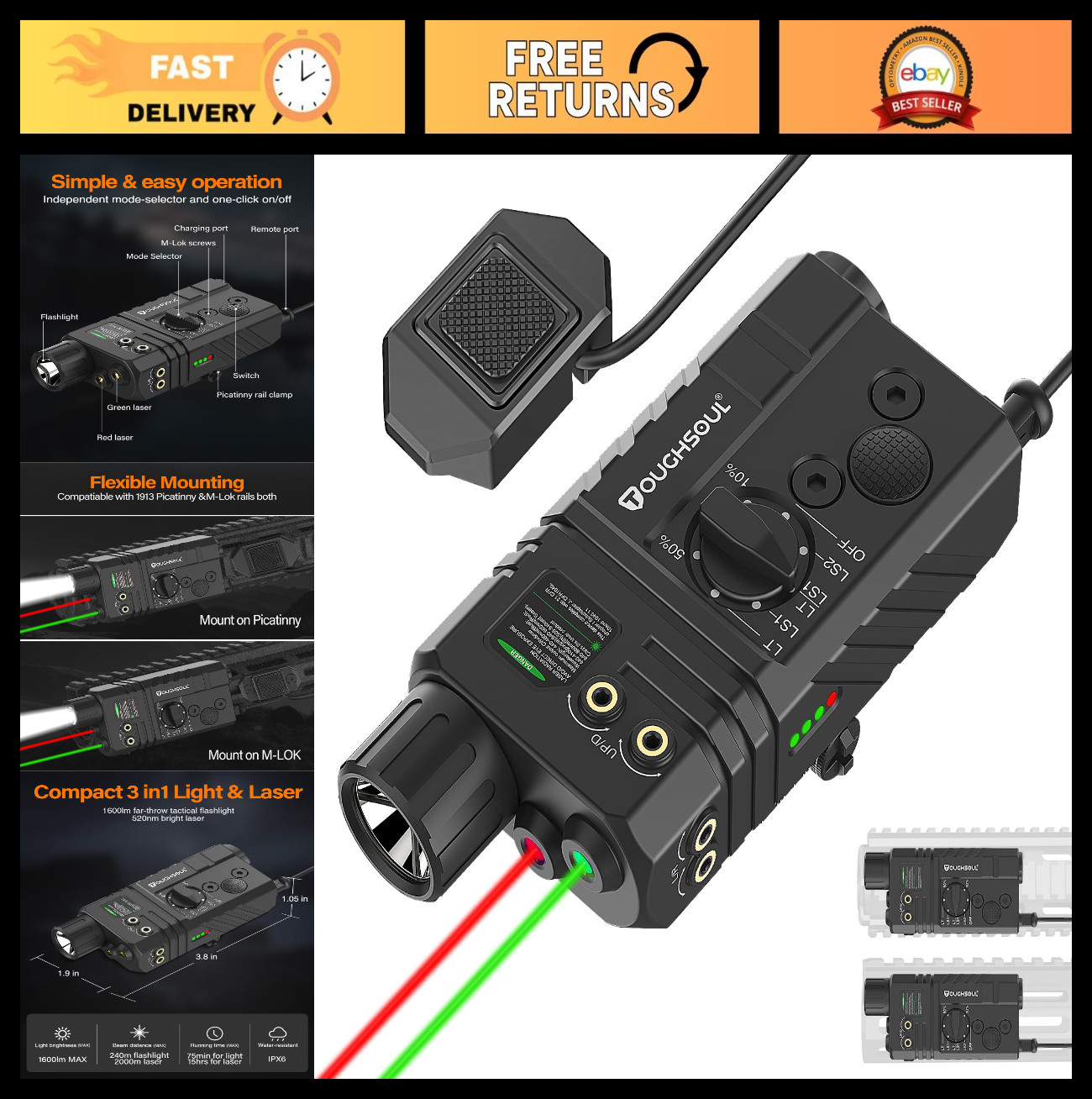 Tactical 3-in-1 Combo Flashlight with Green/Red Laser | 1600 Lumen Rifle Light