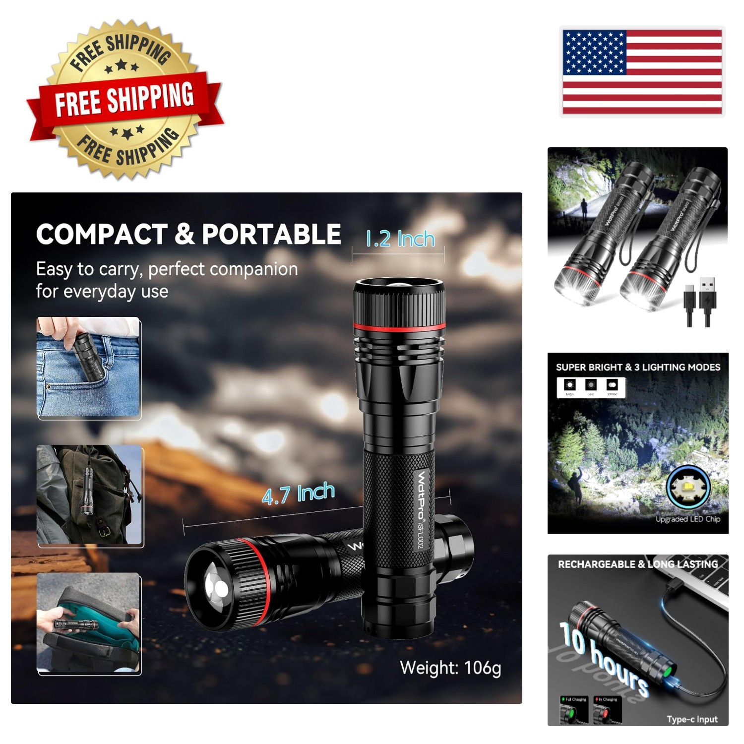 2 Pack Rechargeable Tactical Flashlights – 1000 Lumens, 10H Runtime, Waterproof