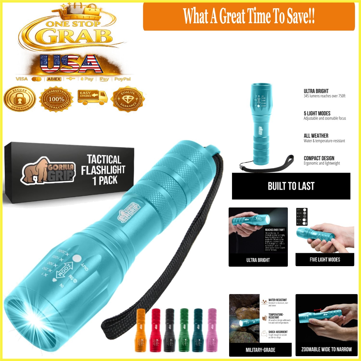 Waterproof LED Tactical Flashlight 345 Lumens Zoomable 750 FT Camping Emergency