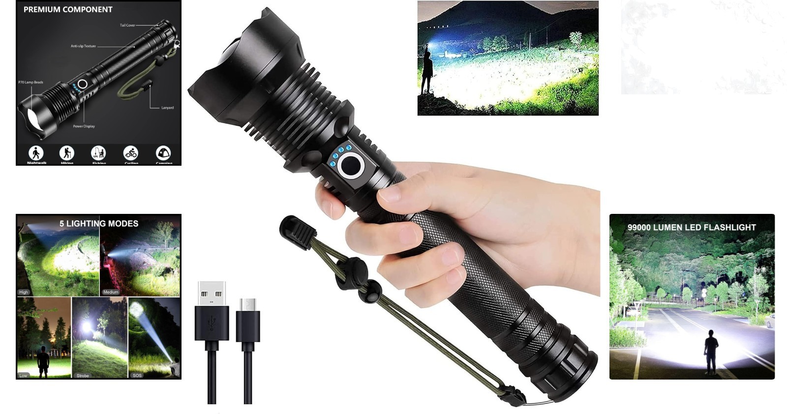 Rechargeable LED Flashlight 99,000 Lumens Waterproof 5 Modes Handheld for Cam…
