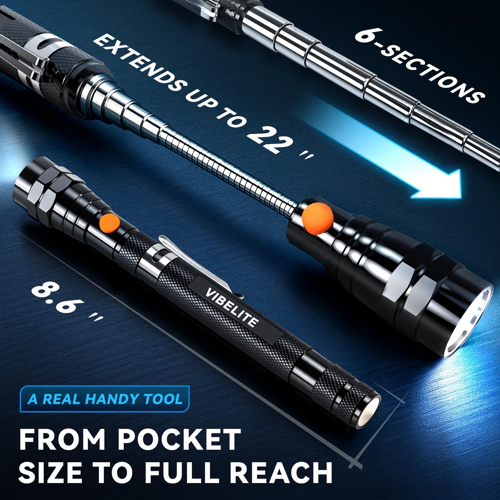 VIBELITE Extendable Magnetic Flashlight with Telescoping 1Pack, Light Black