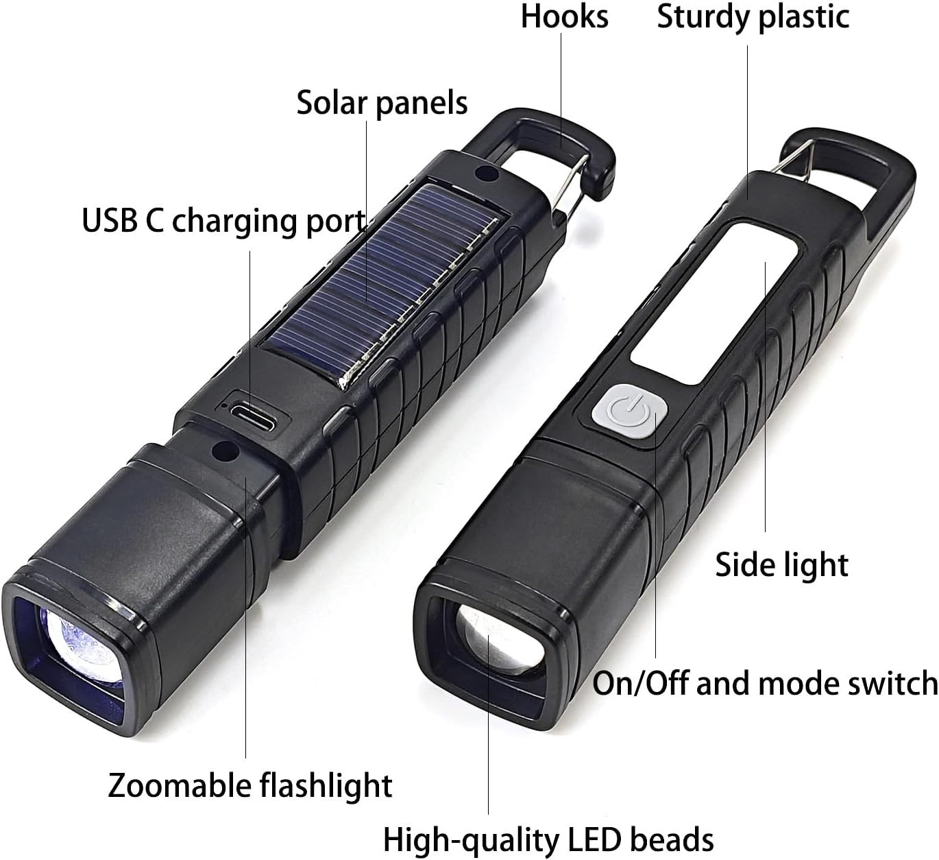 2 Pack Solar Flashlight, Rechargeable Zoomable LED Flashlight, High Lumens Solar